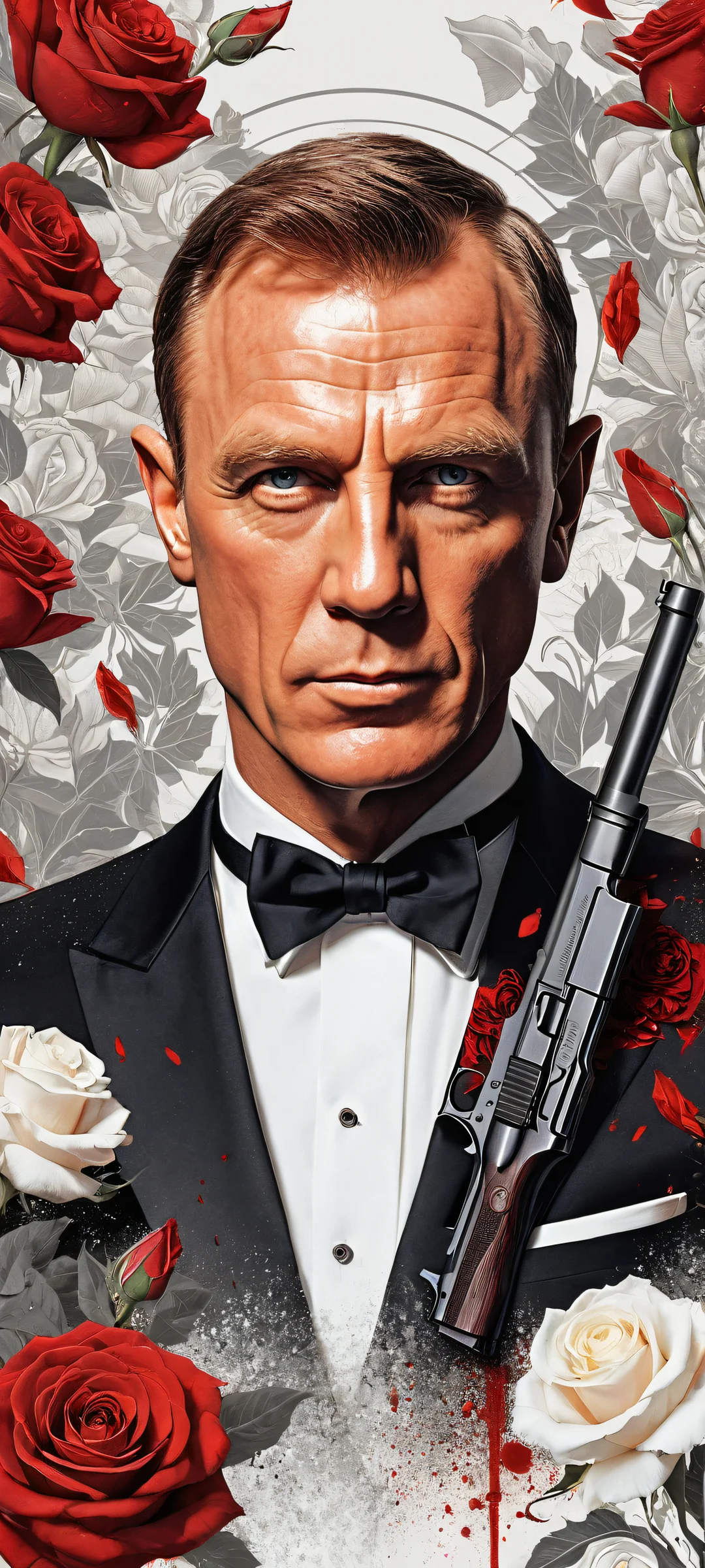 James Bond character and sci-fi pistol in a stunning background with white roses and symbols, Perfectamente optimizado para pantallas de inicio de iPhone y Android..