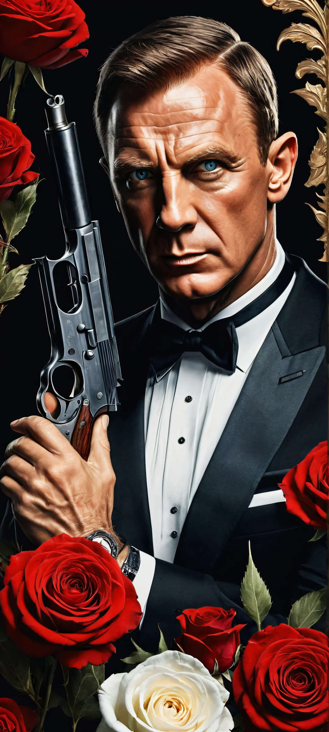 James Bond holds a Makarov pistol amidst Russian femme fatale and blood-stained roses on a dark background, perfekt für iPhone/Android-Startbildschirme.