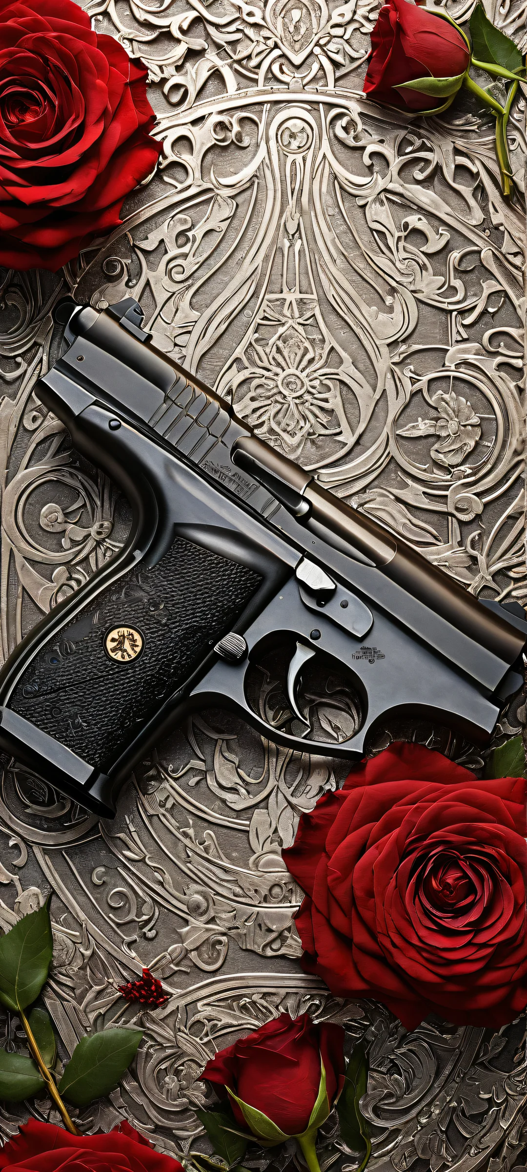 Bond's Surreal Pursuit 2K QHD Mobile Wallpaper James Bond and Yana Flemming surrounded by crimson roses, a scythe, and hammer. iPhone/Android background.