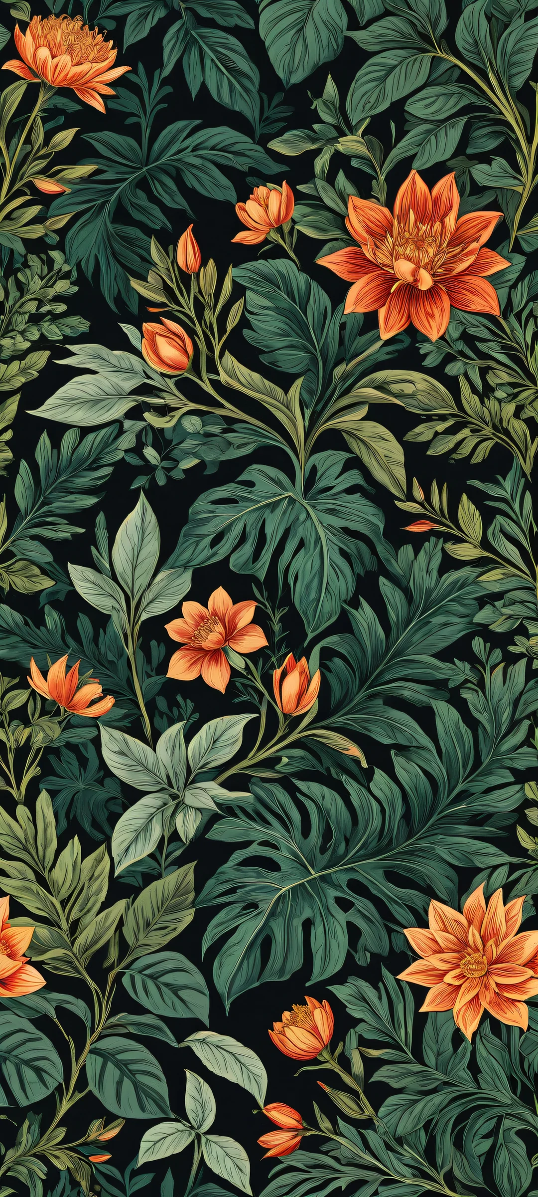 Intricate botanical illustrations on a sleek dark mode background with iPhone and Android devices in mind.