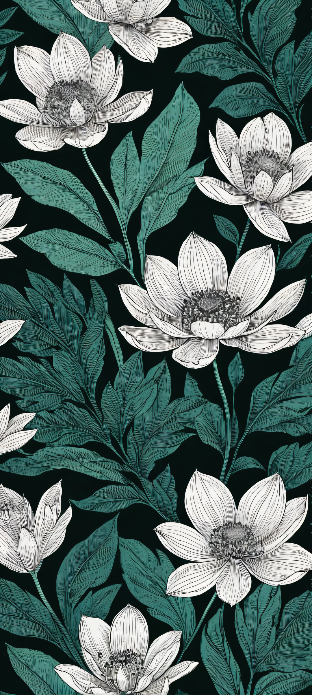 Delicate botanical illustration with intricate micro-details on a dark mode background, iPhone と Android のホーム画面に完全に最適化.