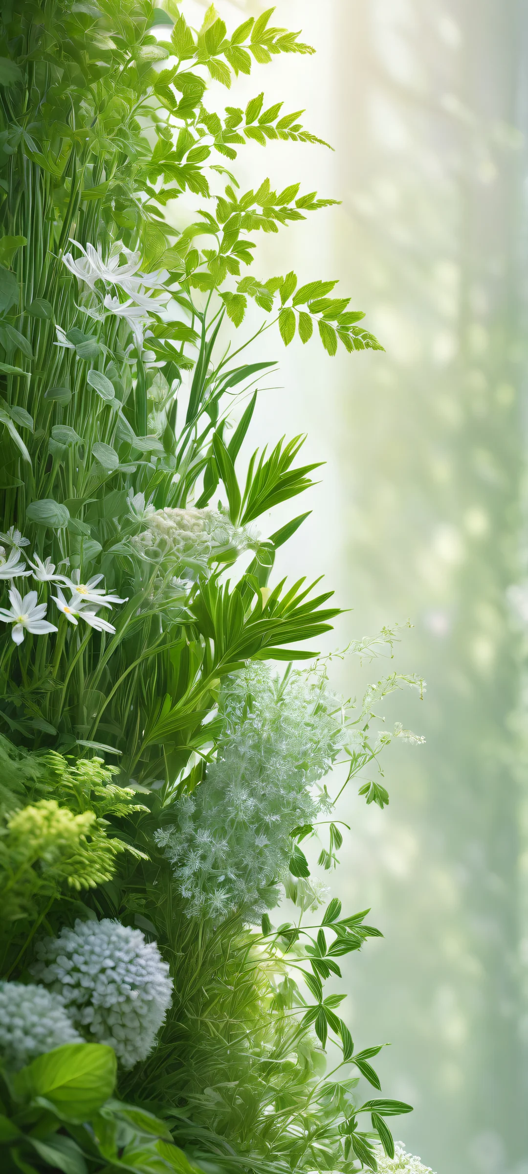 Botanical Oasis Lock Screen for iOS & Androïde iPhone/Android portrait of Botanist surrounded by lush greenery and herbs, with soft pastel hues and pristine clarity.