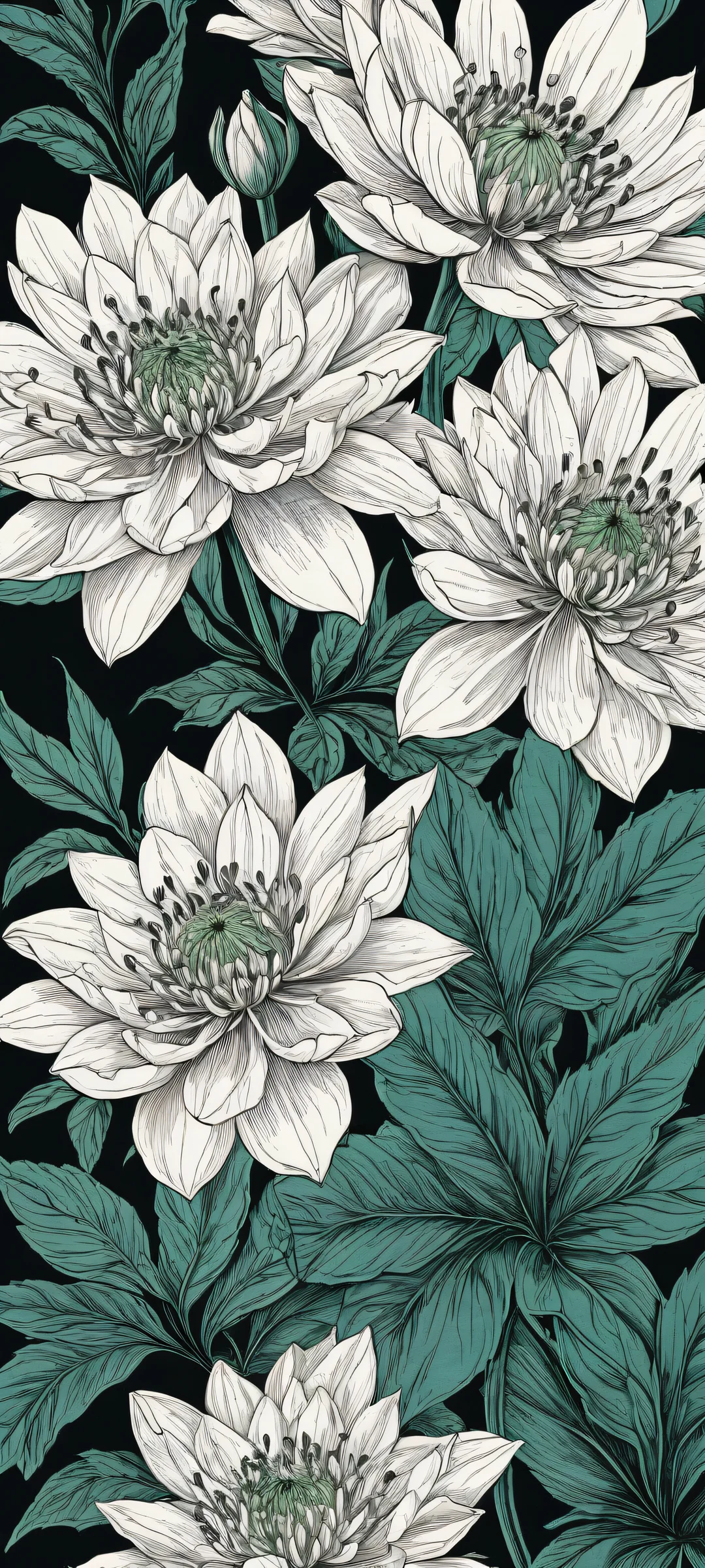 Intricate botanical illustrations on a dark mode background featuring rich textures and striking contrast. Parfait pour les écrans d'accueil iPhone ou Android.