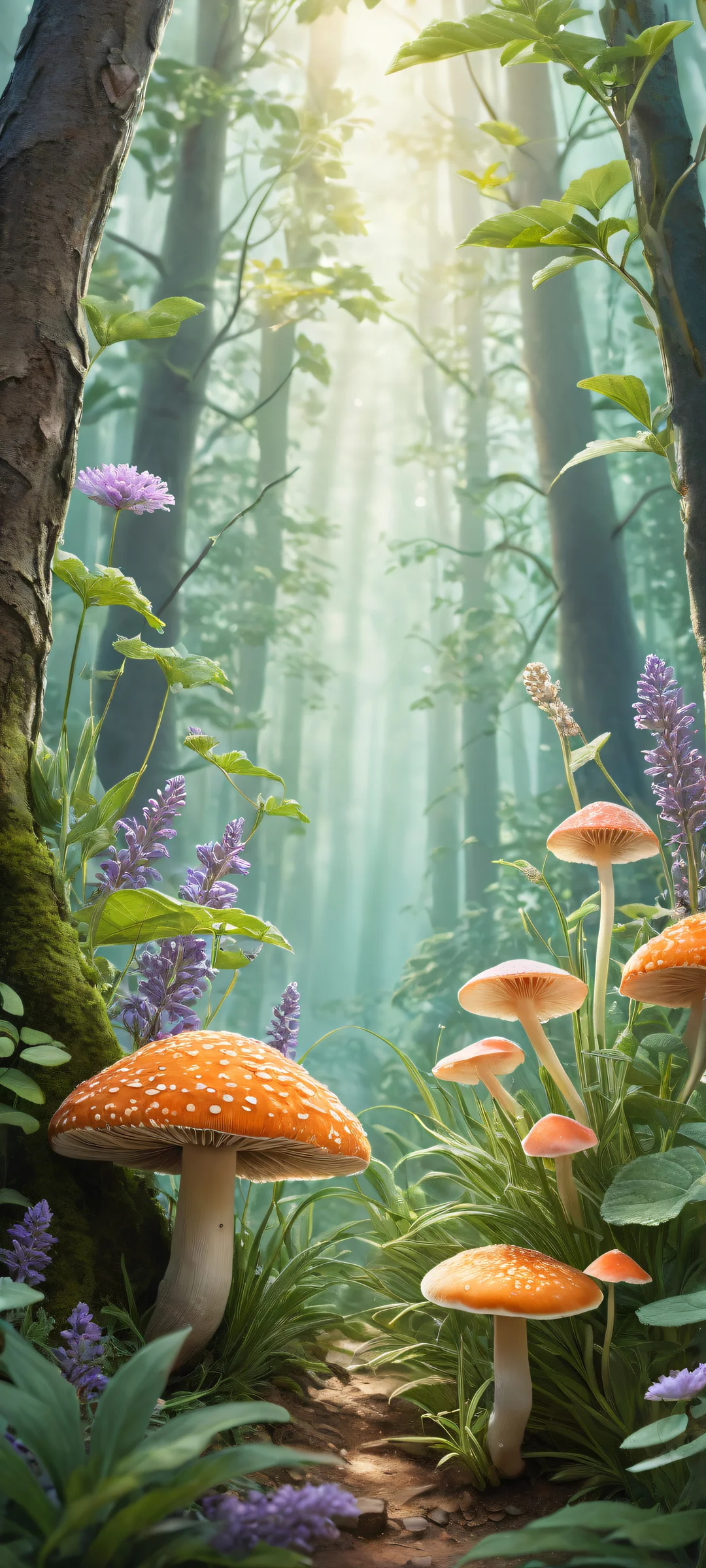 Botanical Oasis iPhone & Samsung QHD Wallpaper Discover a serene and whimsical botanical scene for your iPhone or Android device. Fungi and herbs nestled in the lower-middle, with a vast empty top half perfect for seamless UI integration.