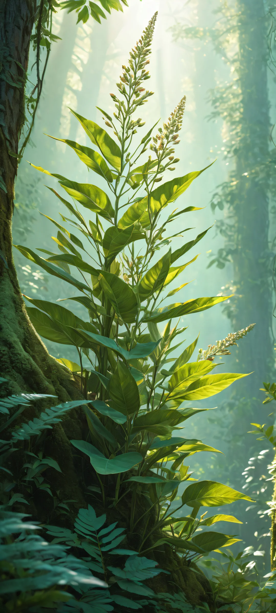 Intricate botanical specimen artwork for iPhone/Android home screens, with vibrant colors and ethereal lighting.