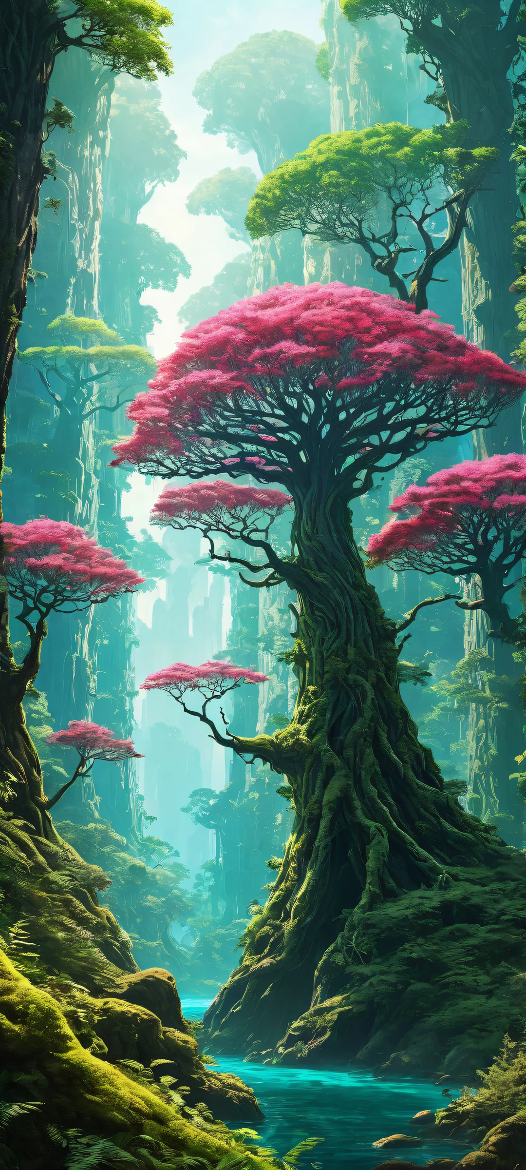 A stunning iPhone/Android mobile wallpaper featuring a breathtaking portrait of brain trees and biotech fantasy landscape.