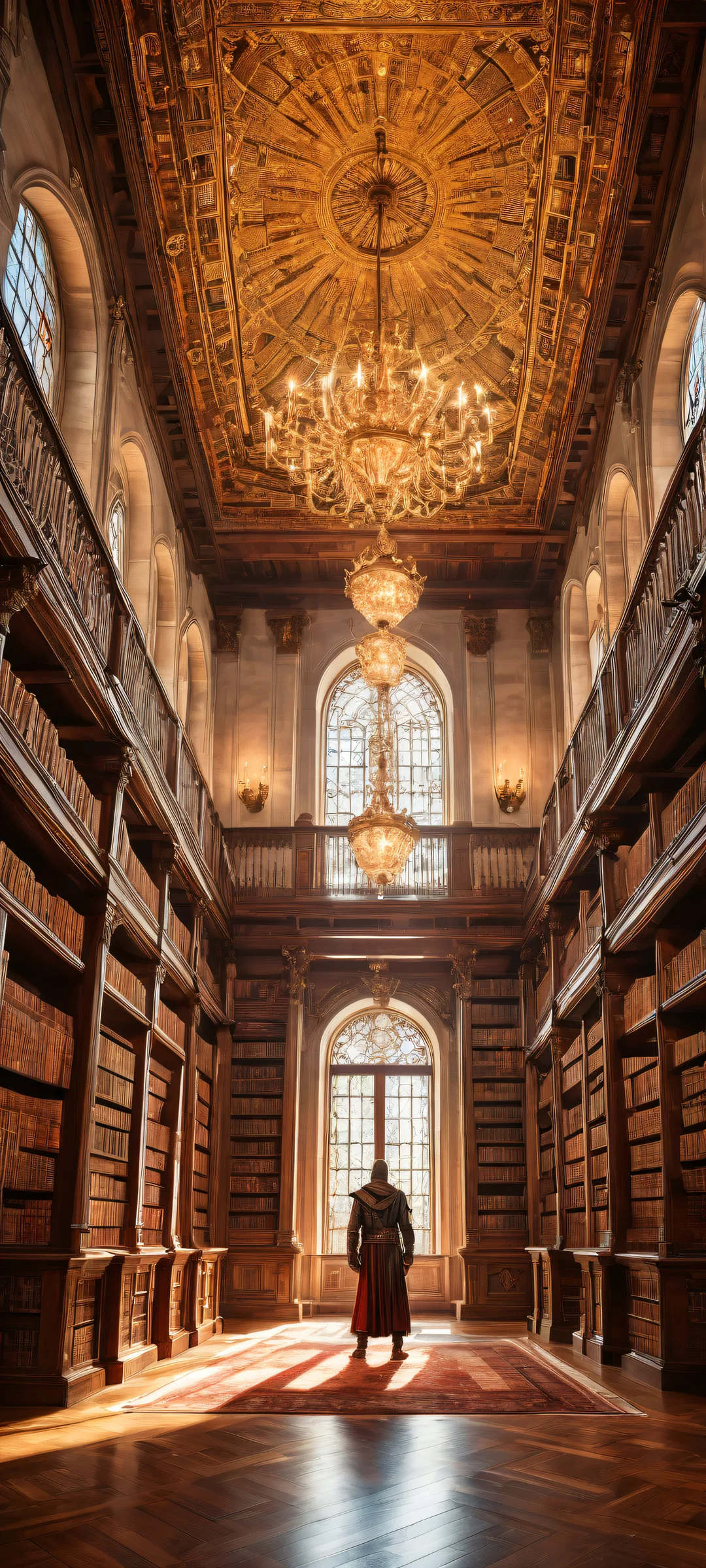Two Assassins in an epic battle amidst ancient manuscripts and dusty tomes on a historic library background with ornate wooden bookshelves, perfectly optimized for iPhone/Android home screens.