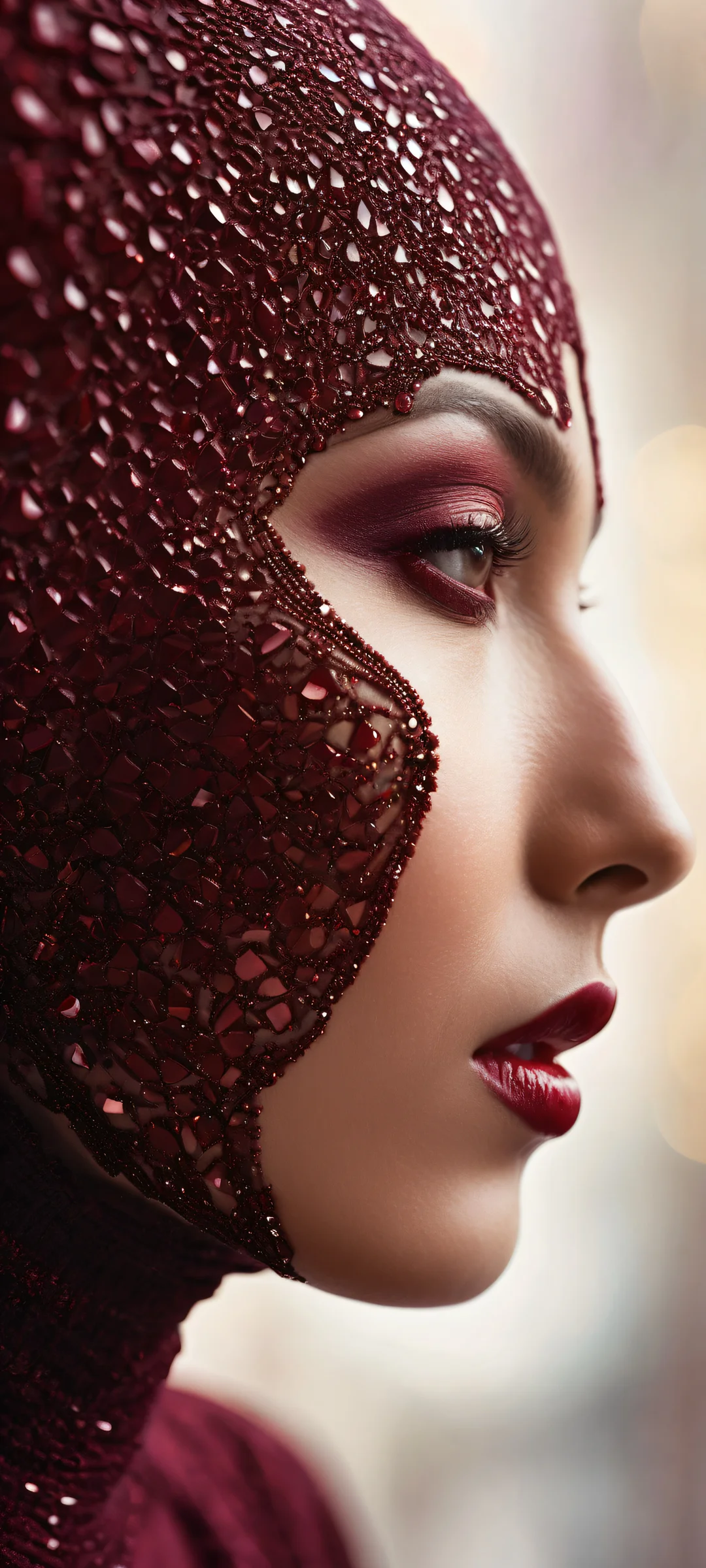 A stunning vertical portrait of Broken Icon set against a maroon background with intricate micro-details, perfectly optimized for iPhone and Android home screens.