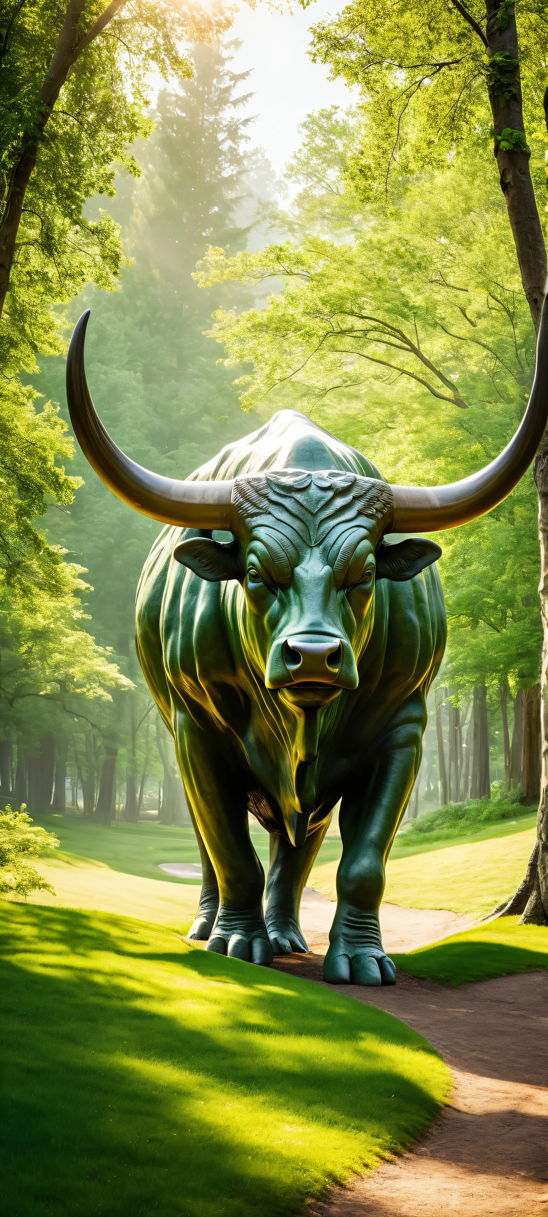 A majestic bull surrounded by lush grass and a serene landscape. Perfeito para telas iniciais de iPhone/Android.