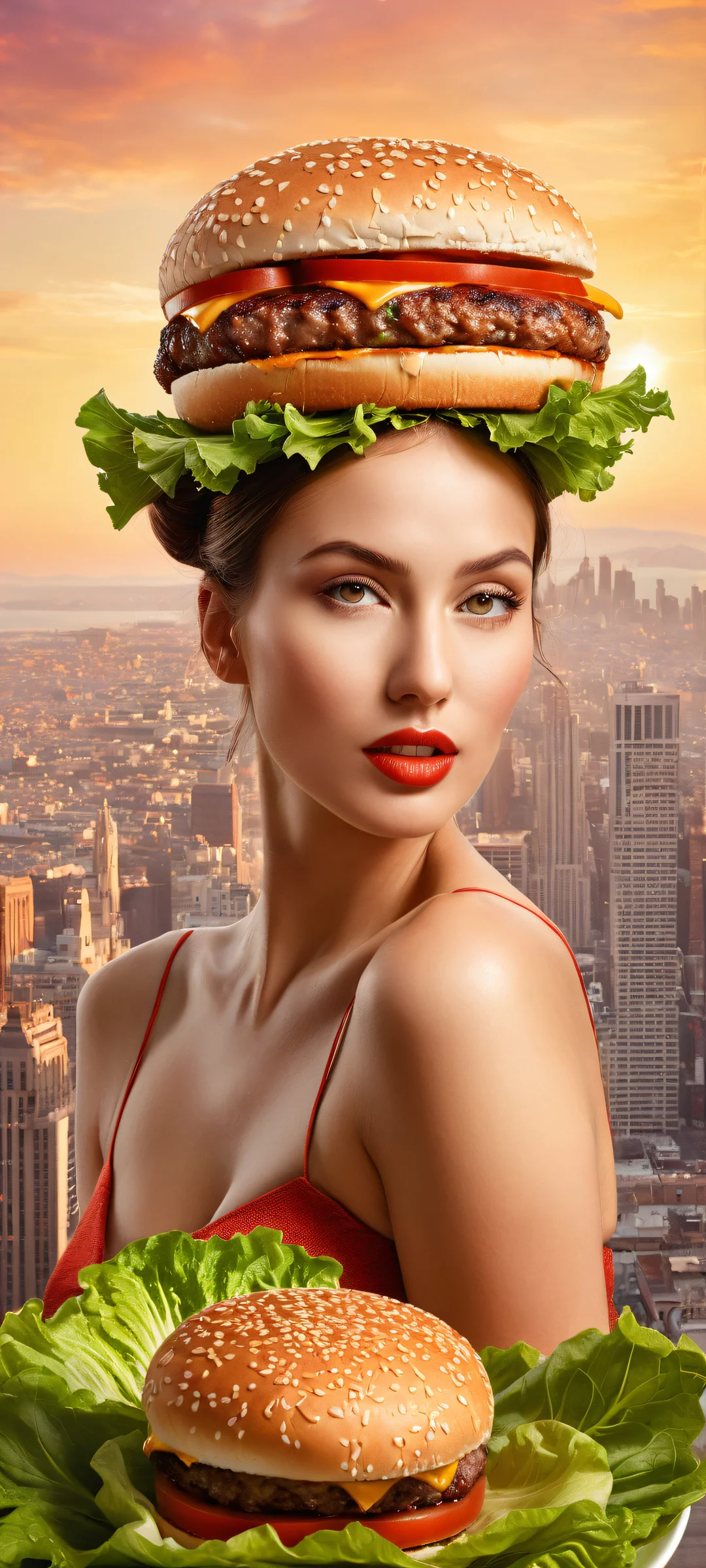 A stunning digital artwork featuring a sizzling hot burger woman on an iPhone/Android device. Perfeitamente otimizado para telas iniciais.