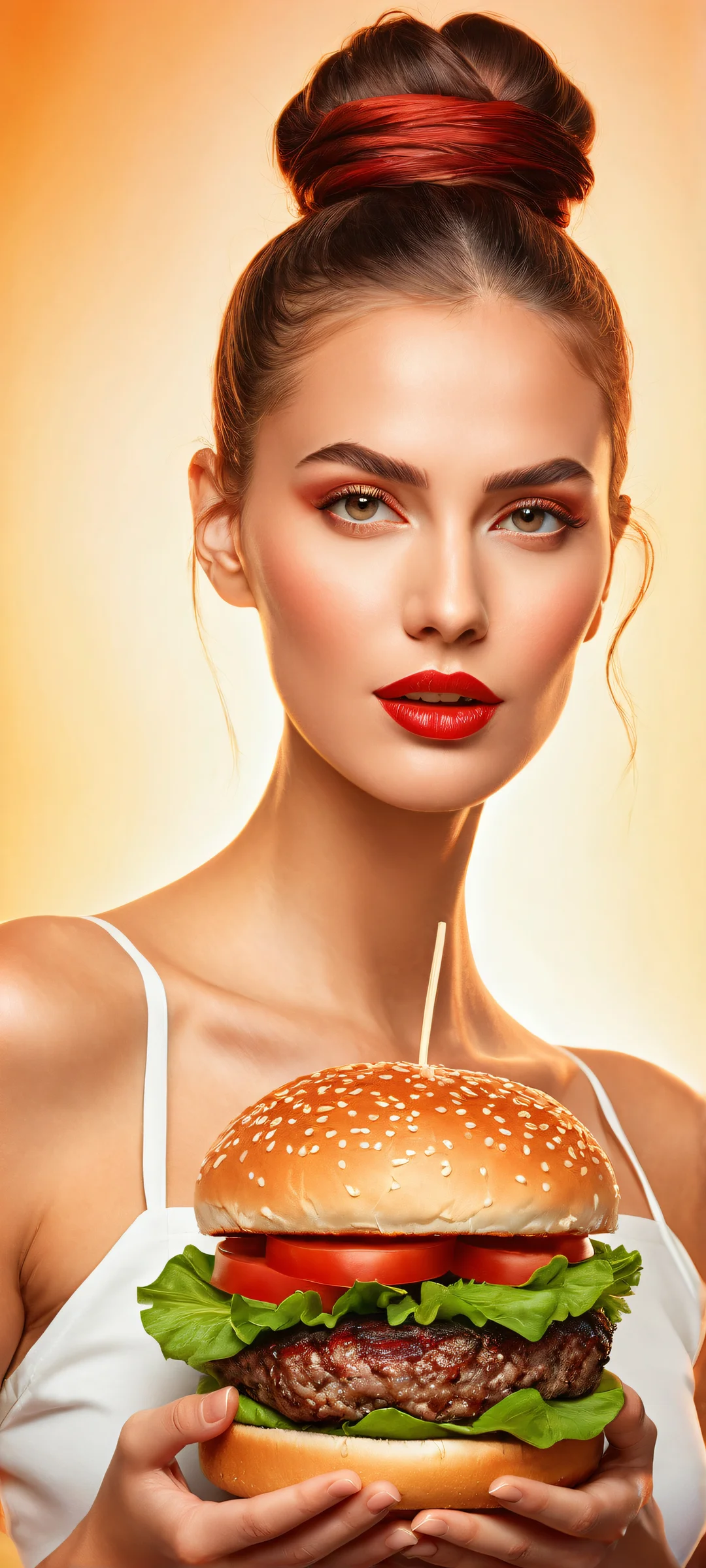 A sizzling hot burger woman on a minimalist background, perfectly styled lettuce and tomato, iPhone/Android