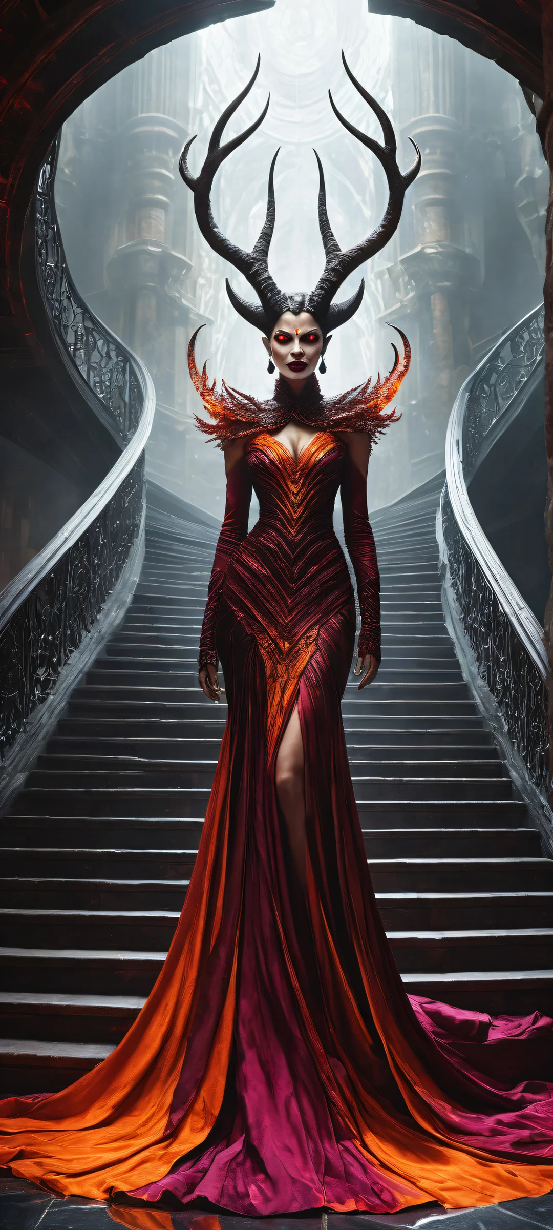 A hauntingly beautiful iPhone/Android wallpaper featuring a horned queen standing on a crumbling spiral staircase, surrounded by intense fiery hues and swirling embers.