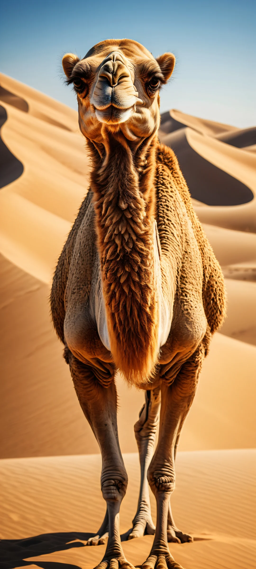 A stunning camel portrait with intense facial features on iPhone/Android home screens
