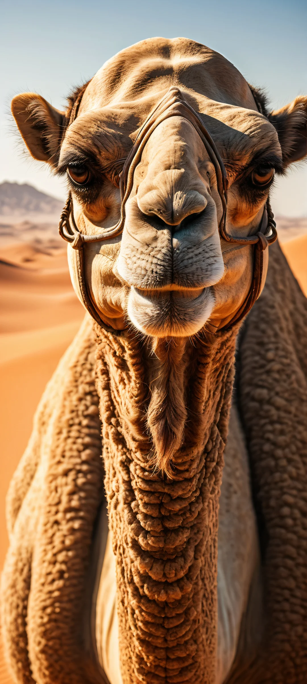 A majestic camel with a fierce expression like a famous male black actor, set against an endless desert landscape on an iPhone/Android.