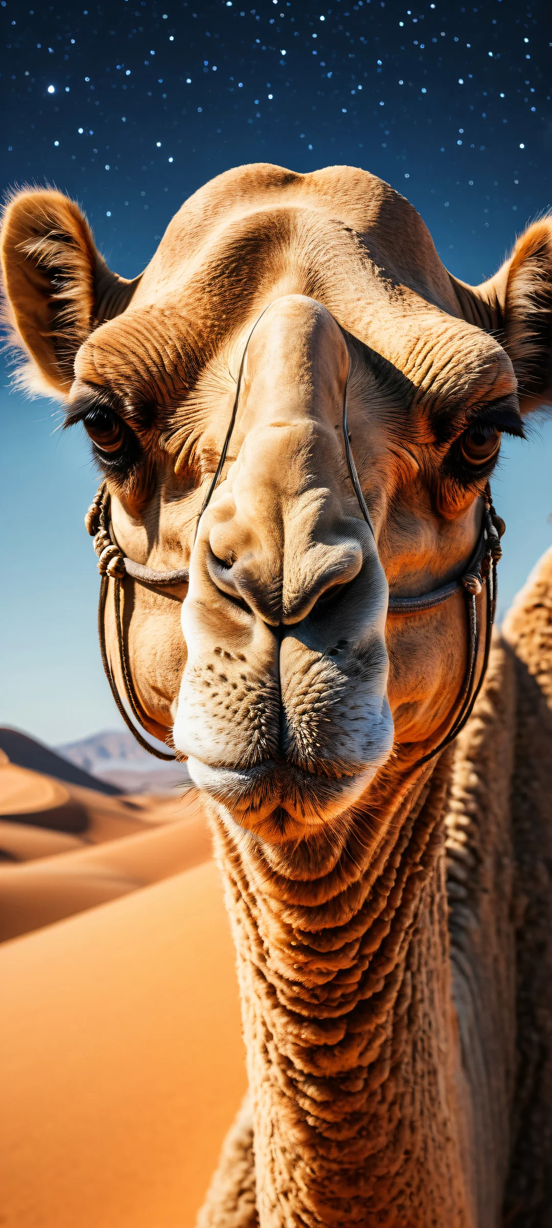 A portrait of a camel's intense gaze on an iPhone/Android home screen, with a desert landscape and starry night sky in the background.