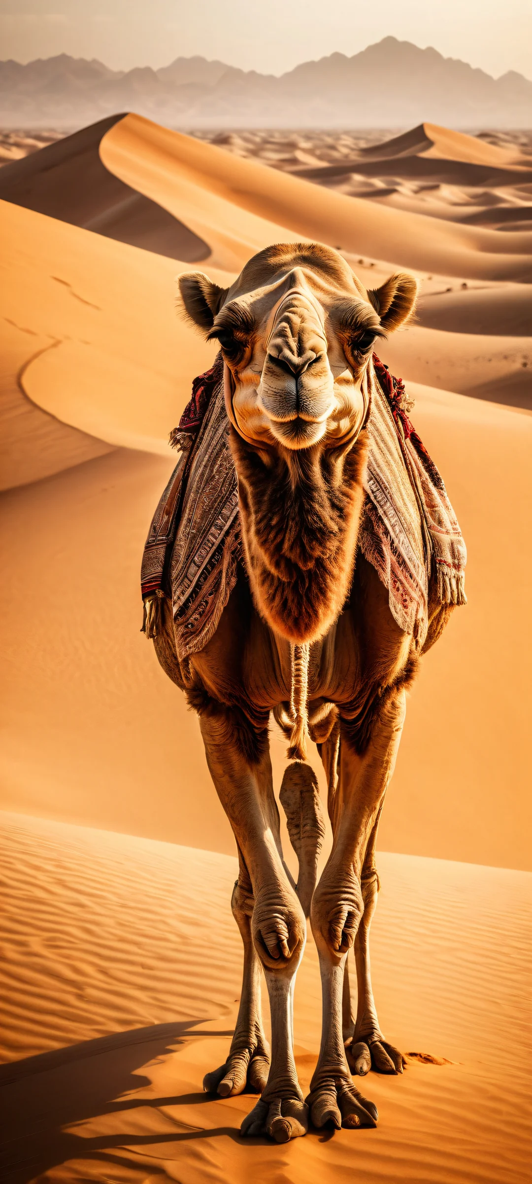 A camel with stylized facial features resembling a famous actor's scowl against the vast desert landscape on iPhone or Android.