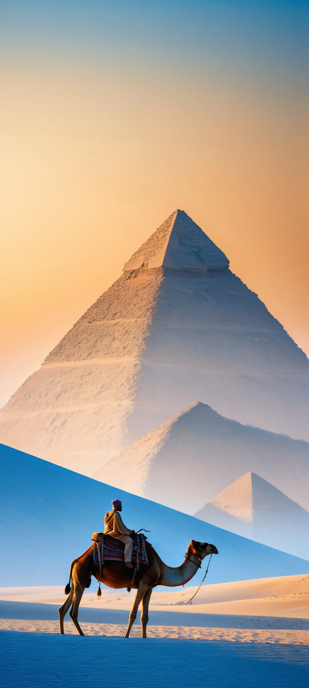 A serene camel and rider silhouetted against abstract blue pyramids on a clean background, perfectly optimized for iPhone/Android home screens.