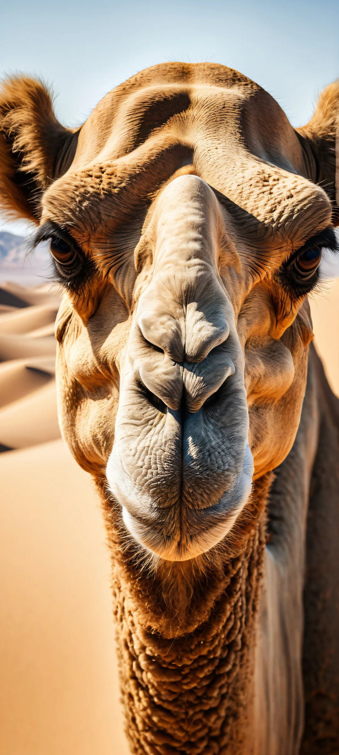 A majestic camel's piercing gaze on a serene desert landscape, perfeito para telas iniciais de iPhone/Android.