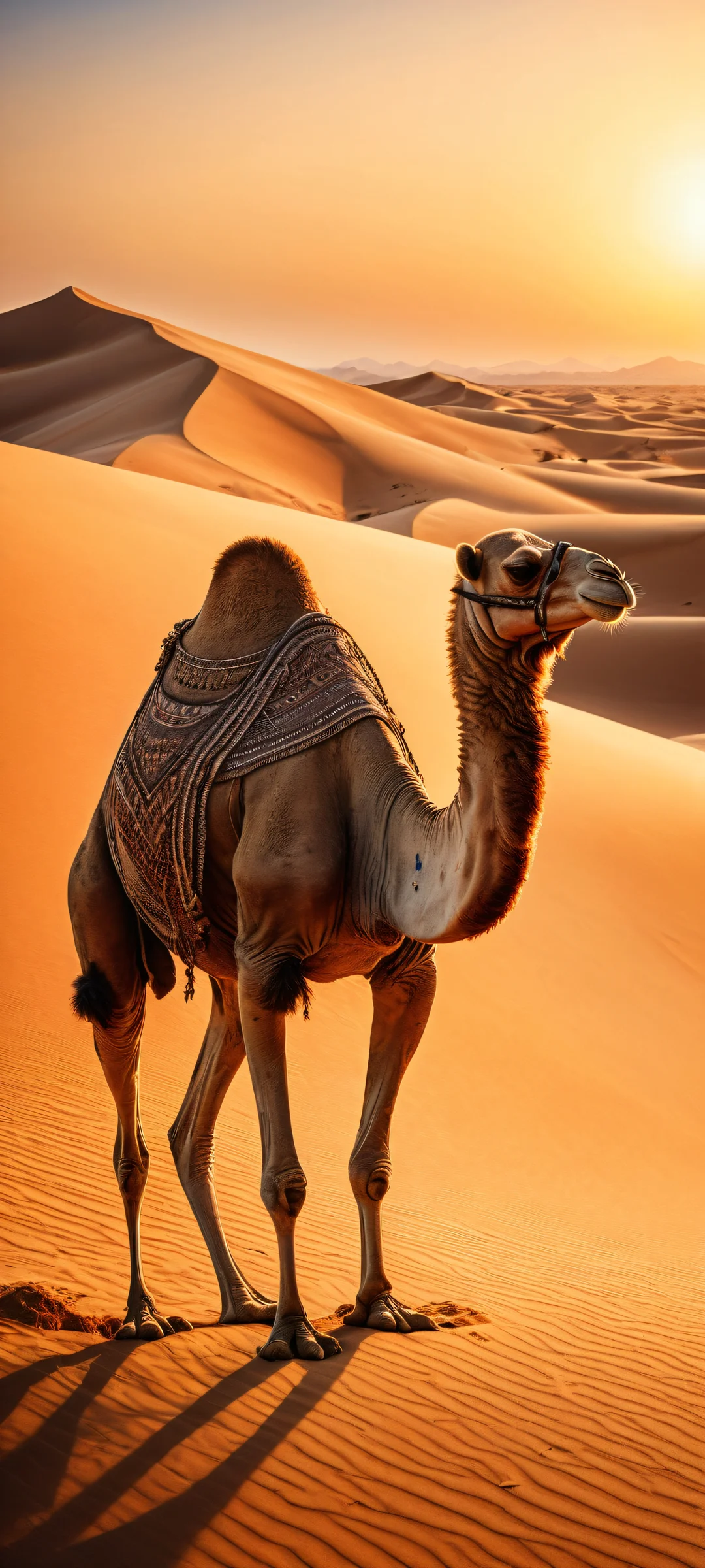 A stylized camel portrait with intense scowl inspired by Idris Elba, surrounded by a majestic desert landscape and wisps of smoke. Perfectly optimized for iPhone, Samsung Galaxy, and Android home screens.