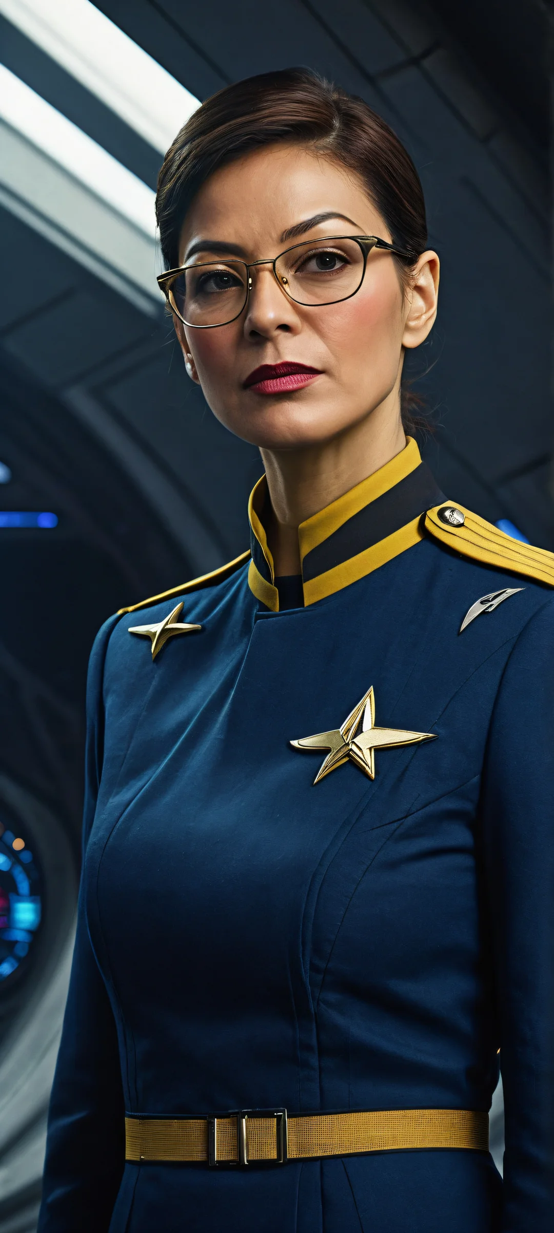 Ethereal portrait of Captain in yellow Star Trek uniform talking to helm officer in red uniform, set against a damaged starship bridge on iPhone/Android