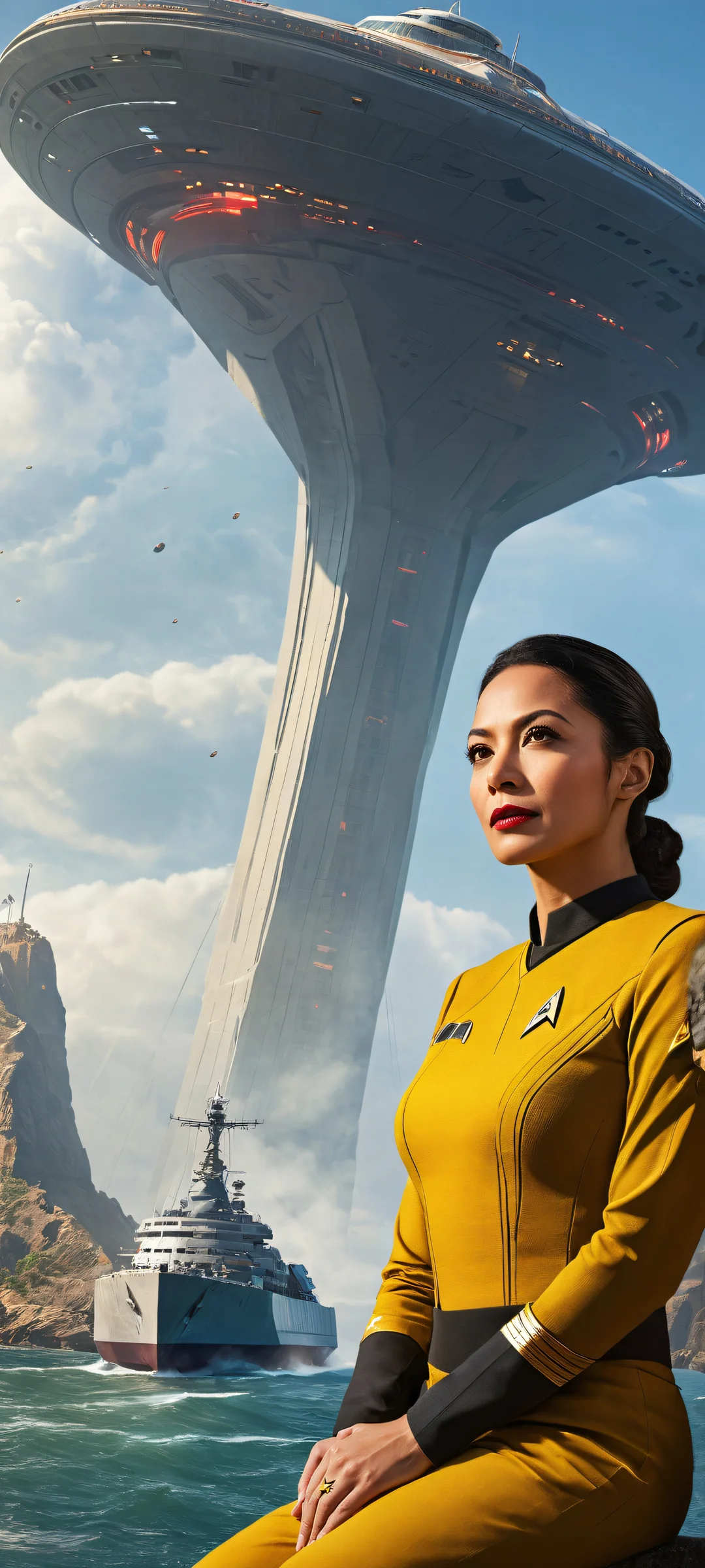 iPhone/Android wallpaper of Captain discussing ship damage with a crew member in the bridge, featuring Civitai logo. Transitioning damage notifications offline.