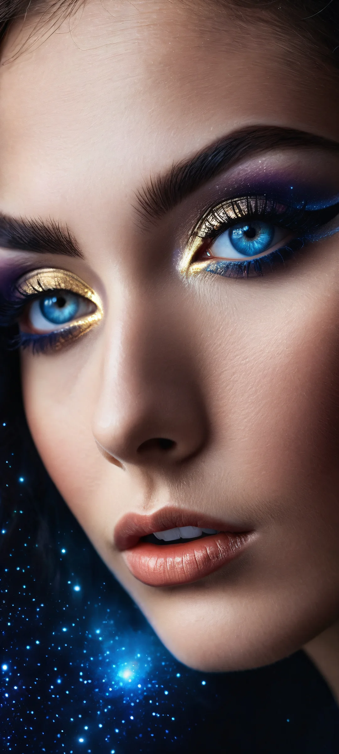 A lone beauty iPhone/Android wallpaper with intricate micro-details of her eyelashes and blue eyes shining like celestial bodies in a vast, dark galaxy.