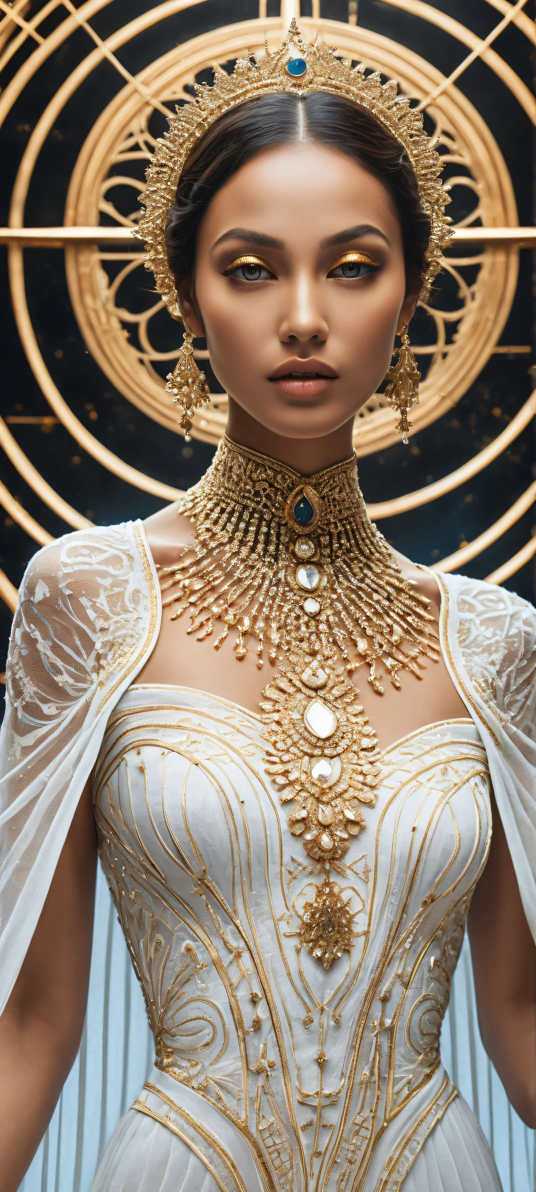 A stunning portrait of a woman in an all white dress with planetary details on her head sphere, parfaitement optimisé pour les écrans d'accueil iPhone et Android.