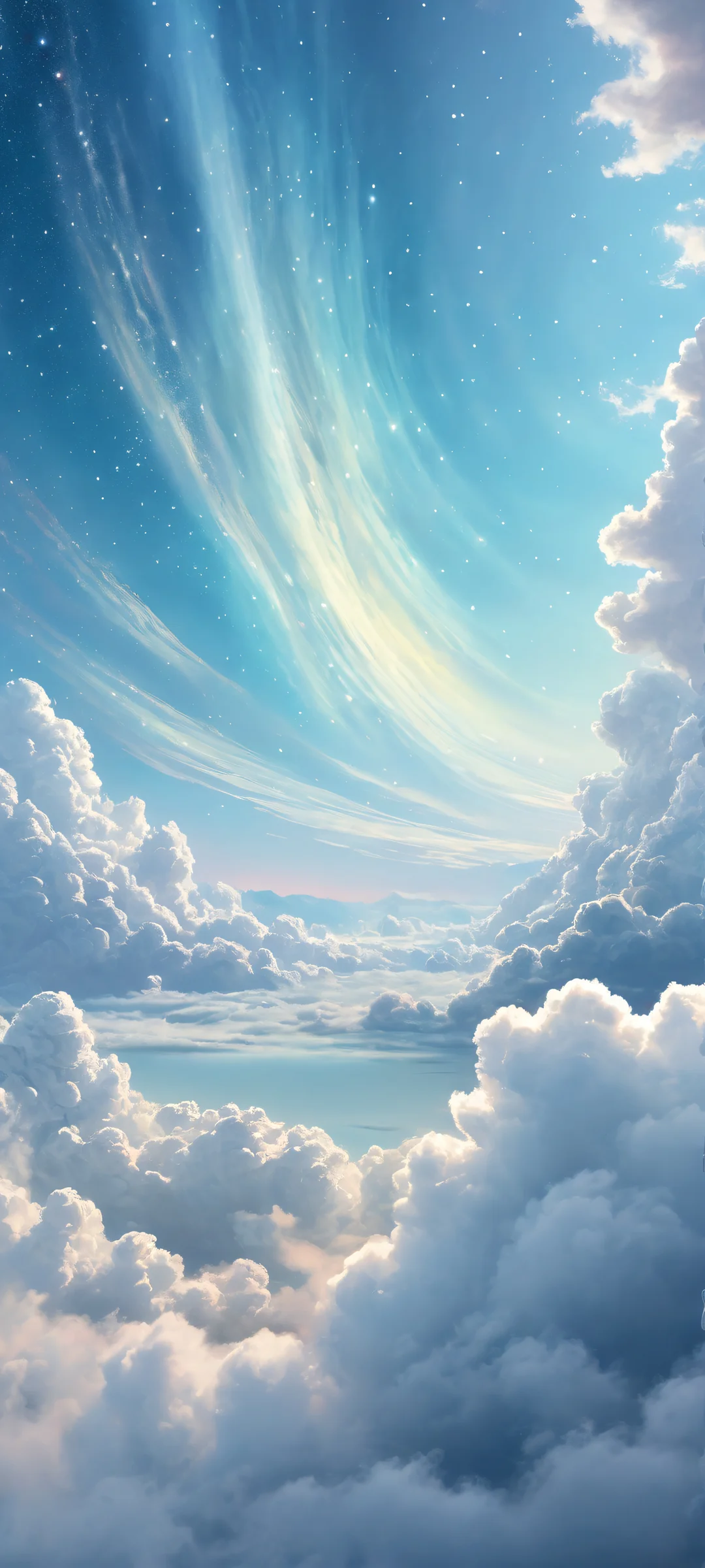 Aurora's ethereal morning light shines on iPhone and Android devices, with swirling clouds and shimmering stardust.