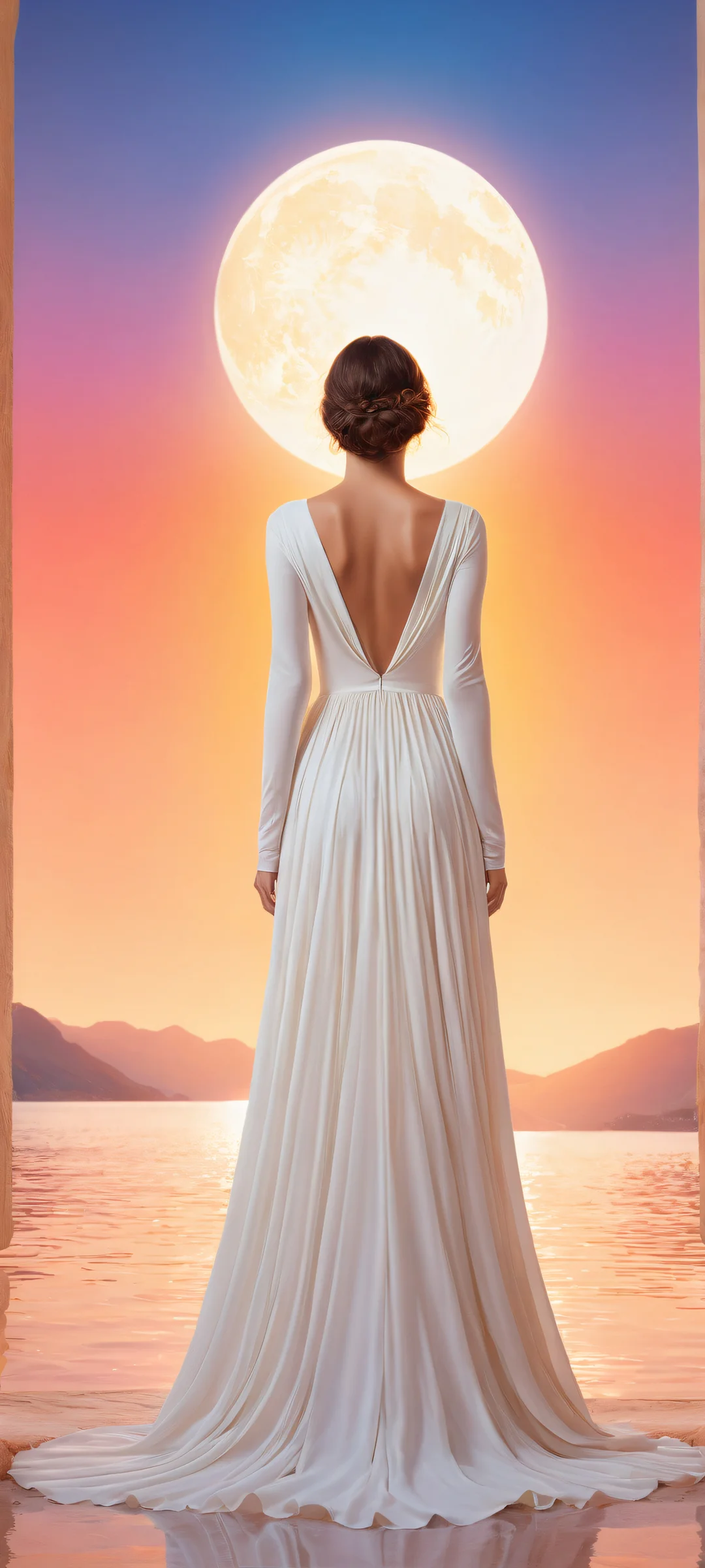 iPhone/Android beautiful woman in white dress with planetary head against pure void and radiant colors.