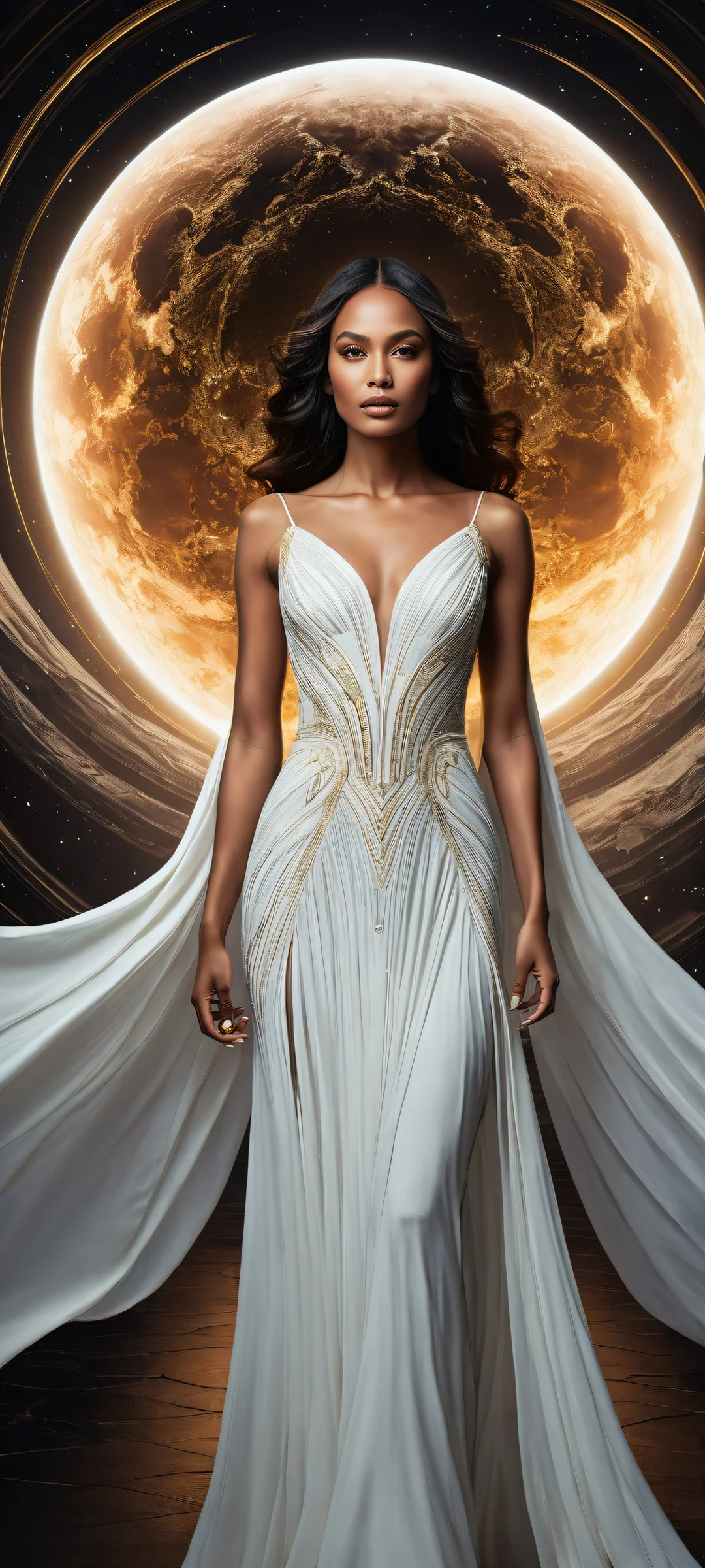 Celestial Elegance 2K Mobile Background A stunning portrait of a woman in an all-white dress, with intricate details and natural weather phenomena, perfectly optimized for iPhone, Samsung Galaxy, and Android home screens.