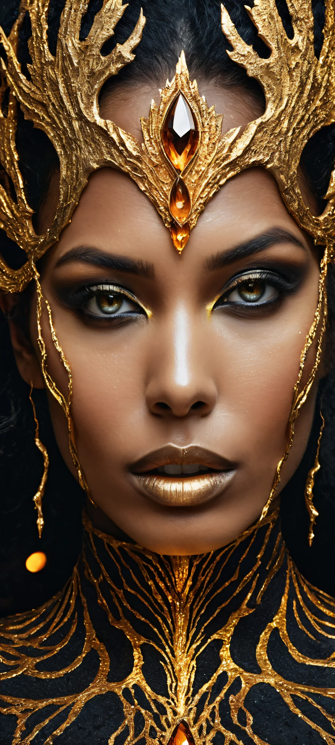 A surreal portrait of a woman with obsidian skin and molten gold veins on iPhone/Android, surrounded by an ethereal glow.