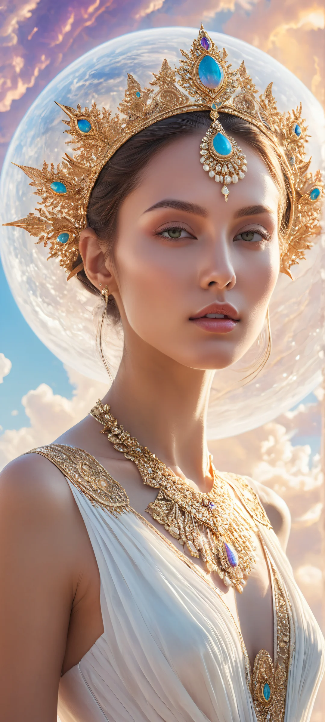 Celestial Elegance 2K Phone Wallpaper Ethereal portrait of a woman in white on iPhone/Android