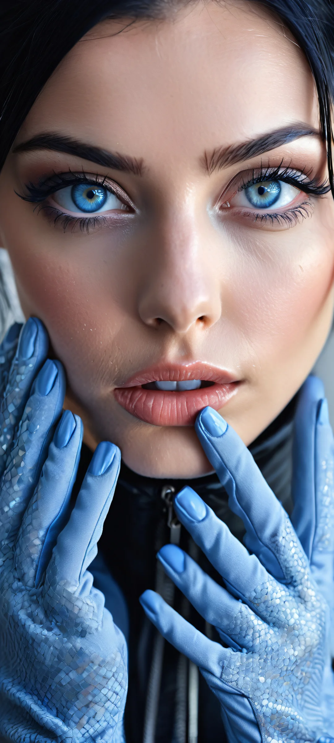 A young woman with striking blue eyes and jet-black hair placed in the lower-middle, iPhone/Android. Ethereal lighting with ray-traced reflections and pristine clarity.