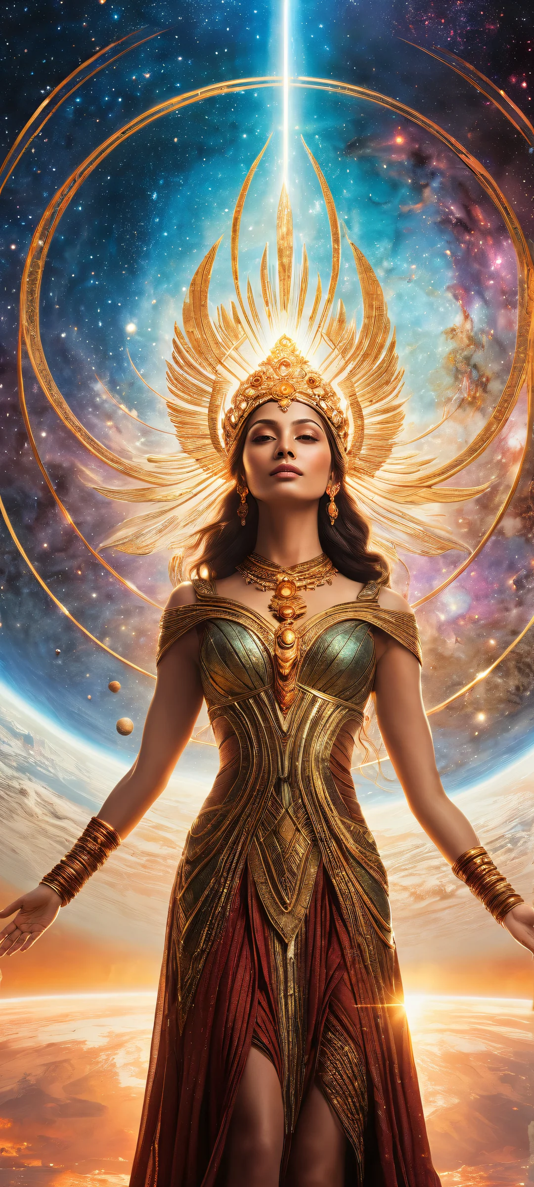 iPhone/Android mobile wallpaper featuring a stunning portrait of a goddess amidst planetary rings and celestial bodies, ホーム画面に完全に最適化.