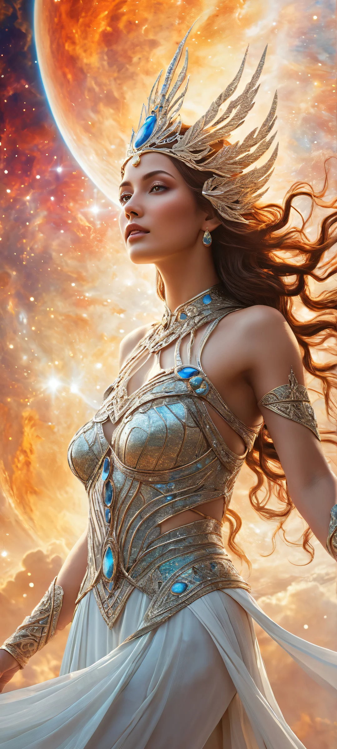 iPhone/Android wallpaper featuring a stunning vertical portrait of a goddess surrounded by galaxies and celestial bodies.