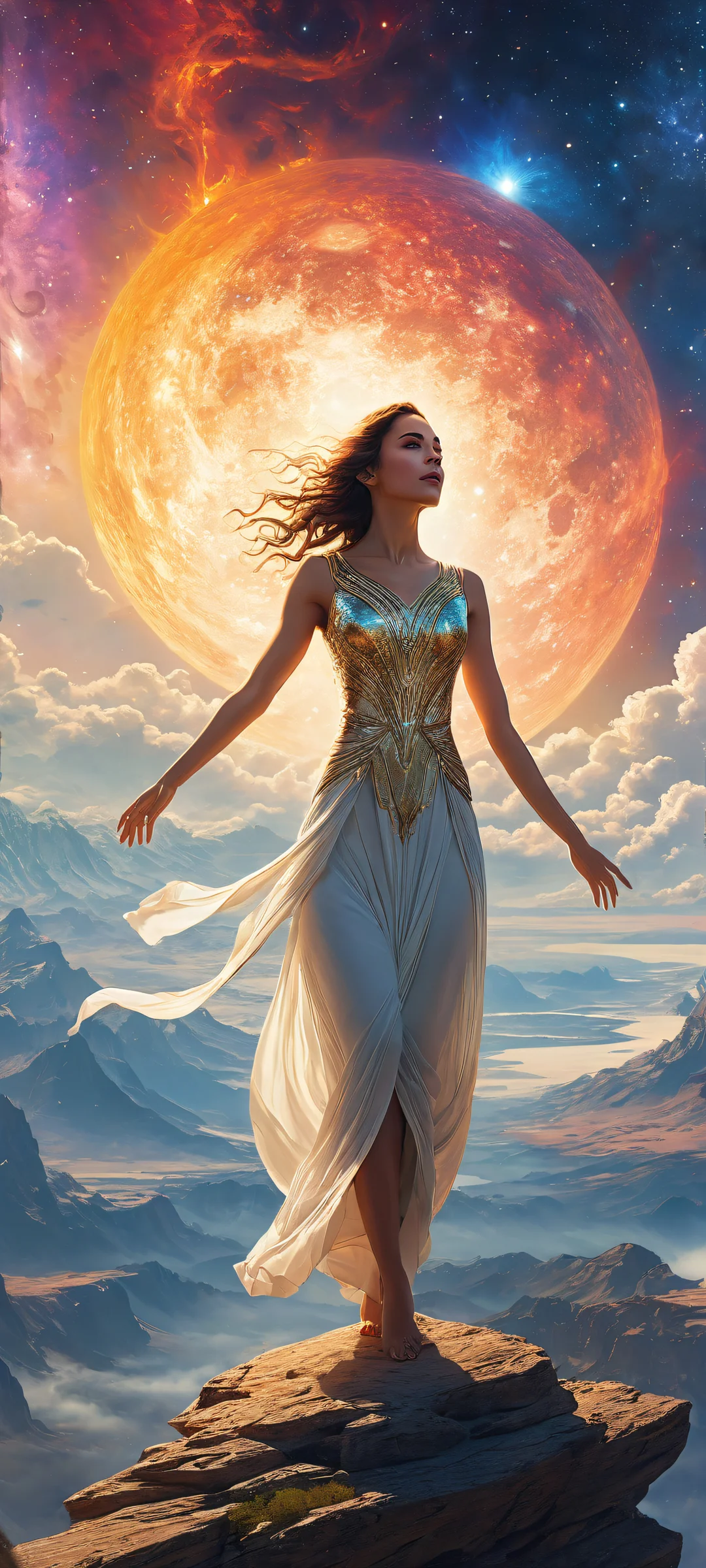 A lone goddess placed in the lower-middle with insane micro-details, intricately crafted and radiating a sense of celestial wonder. Perfect for iPhone/Android home screens.