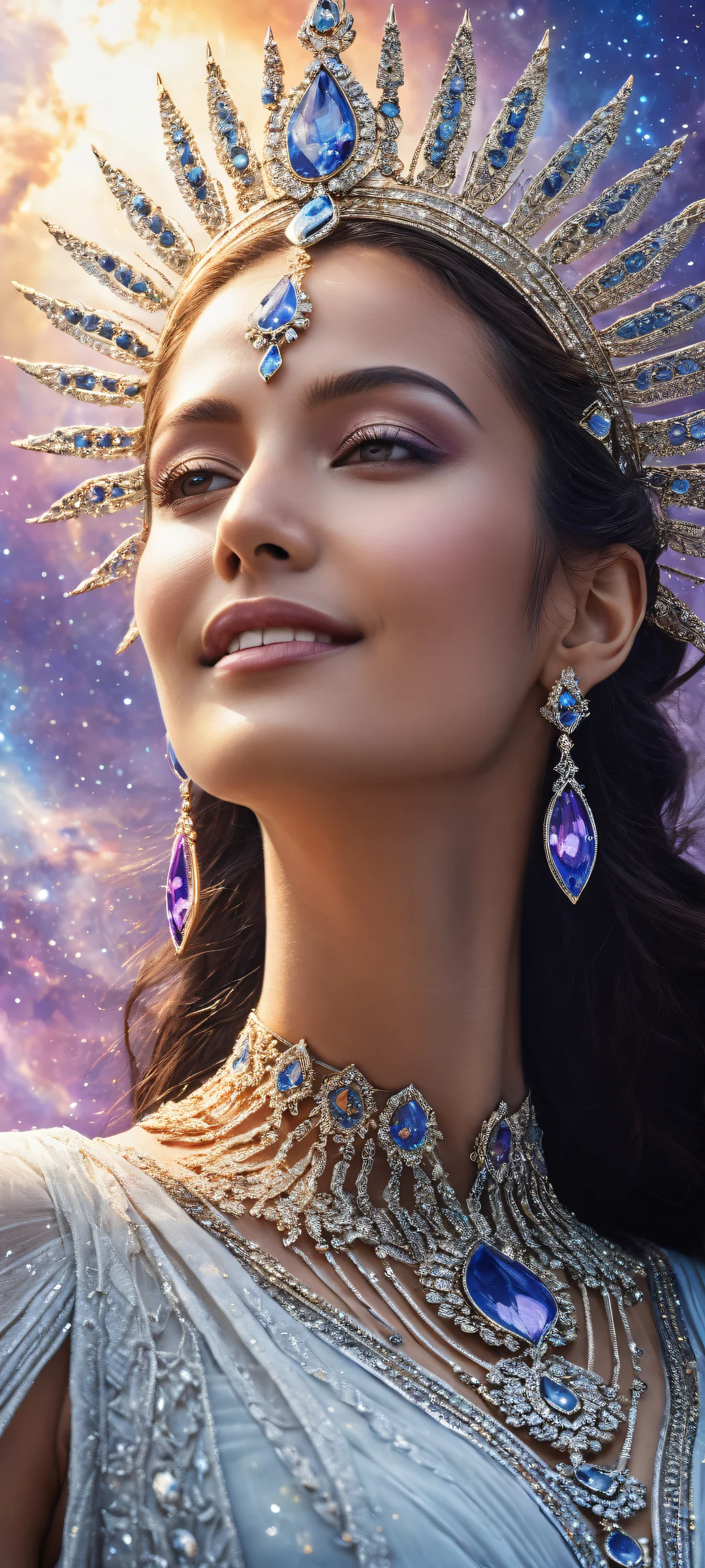 A stunning vertical portrait of a celestial being on iPhone/Android, with intricate details and ethereal lighting.