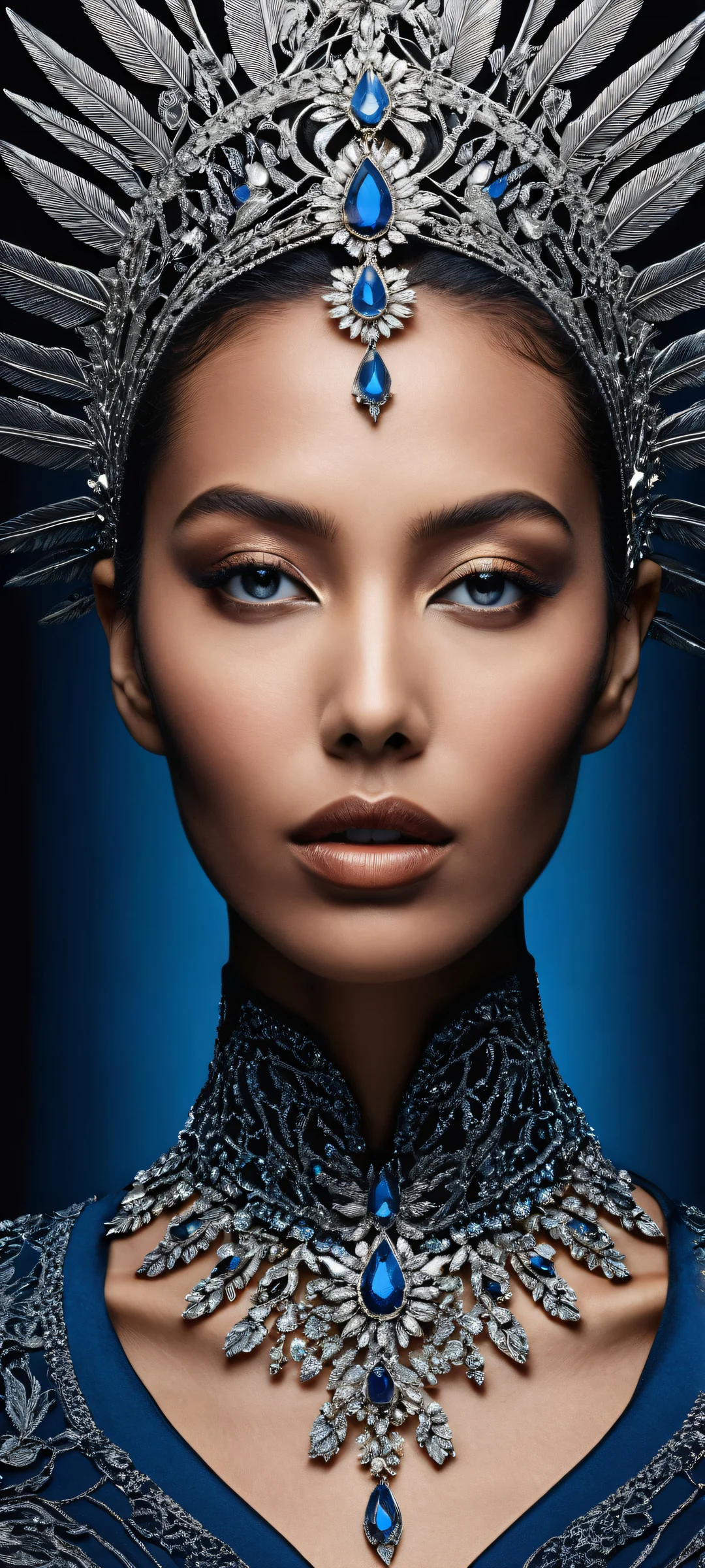 Breathtaking vertical portrait artwork of Women placed in the lower-middle with intricate micro-details of birds and animals, iPhone/Android compatible.