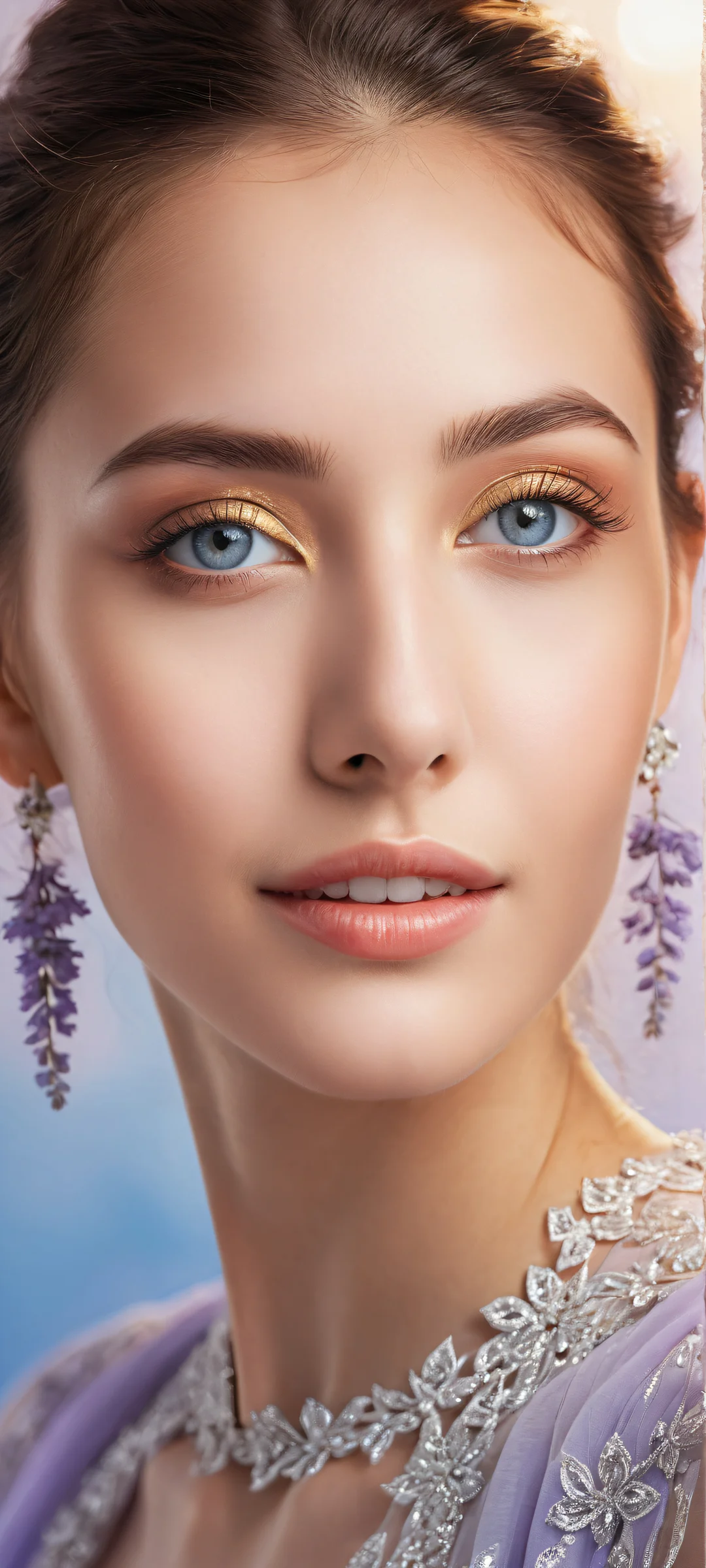 A beautiful young girl with captivating smile and luscious eyelashes, surrounded by a serene ethereal landscape on an iPhone or Android home screen.