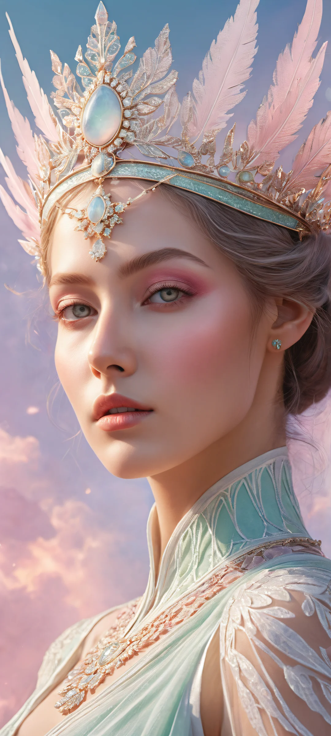 A stunning iPhone/Android wallpaper featuring a celestial maiden placed in the lower-middle with intricate micro-details, surrounded by a vast pure void and pastel gradient hues.