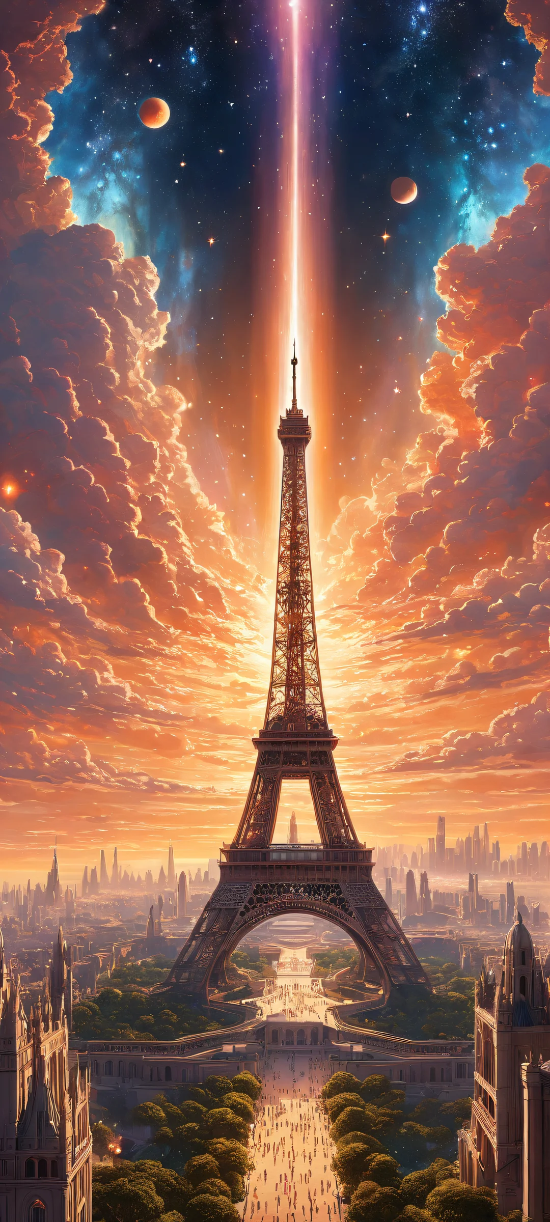 Breathtaking vertical portrait of Vast Celestial Cities on iPhone/Android featuring intricate architecture and radiant starlight, perfecto para pantallas de inicio.