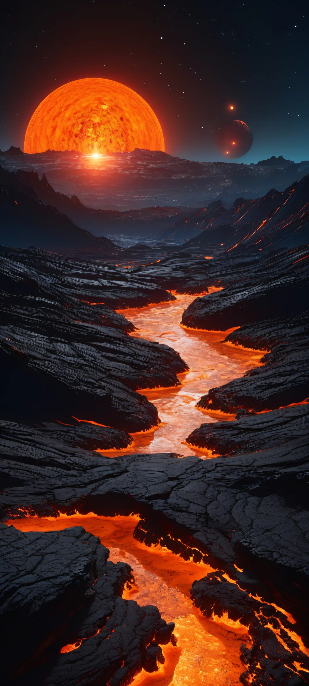 iPhone and Android user's dream exoplanet landscape wallpaper with lava flows, perfect black void, and luminescent accents.