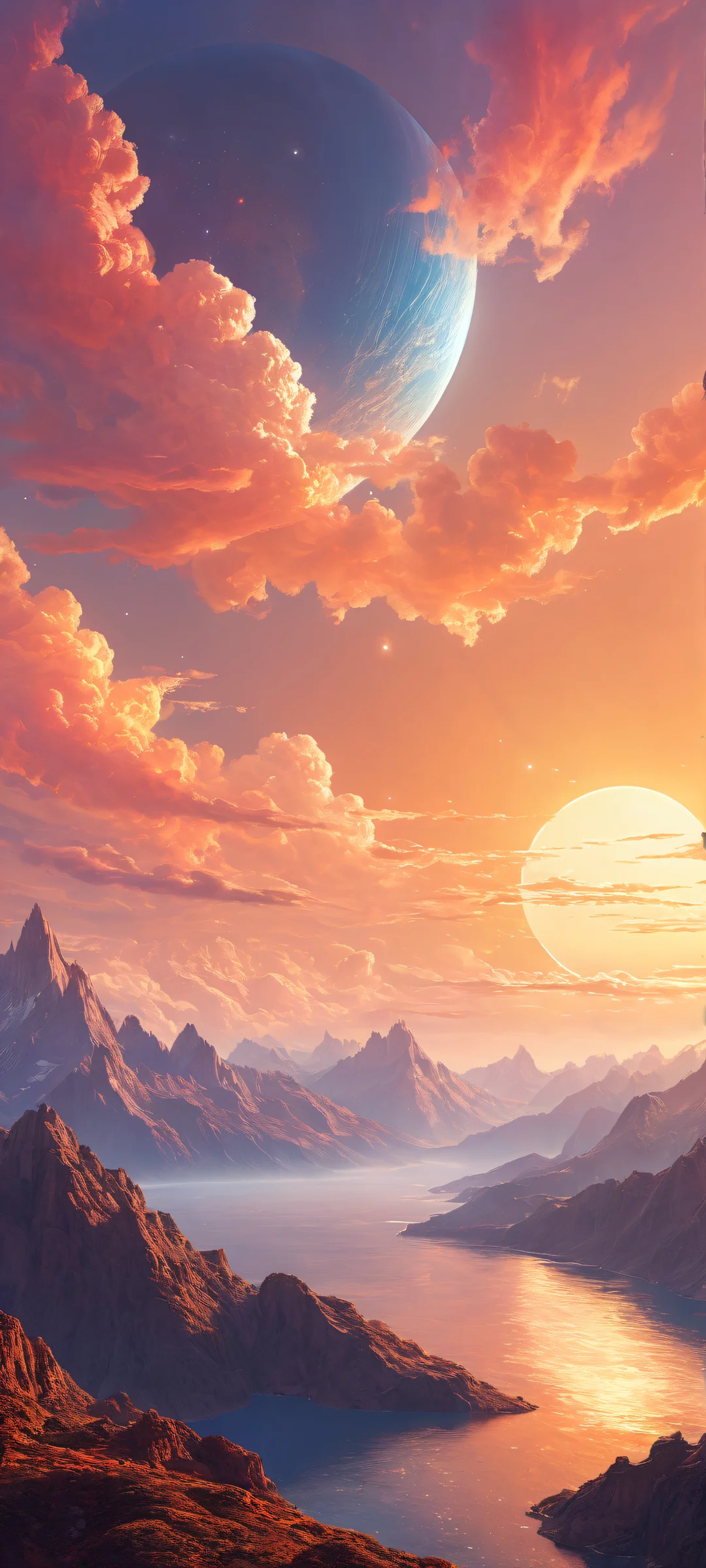 Celestial Oasis iPhone & Samsung QHD-Hintergrundbild iPhone and Android user's stunning celestial landscape wallpaper featuring a breathtaking vertical portrait of a distant planet's atmosphere with intricate micro-details, perfectly clean top half for UI widgets.