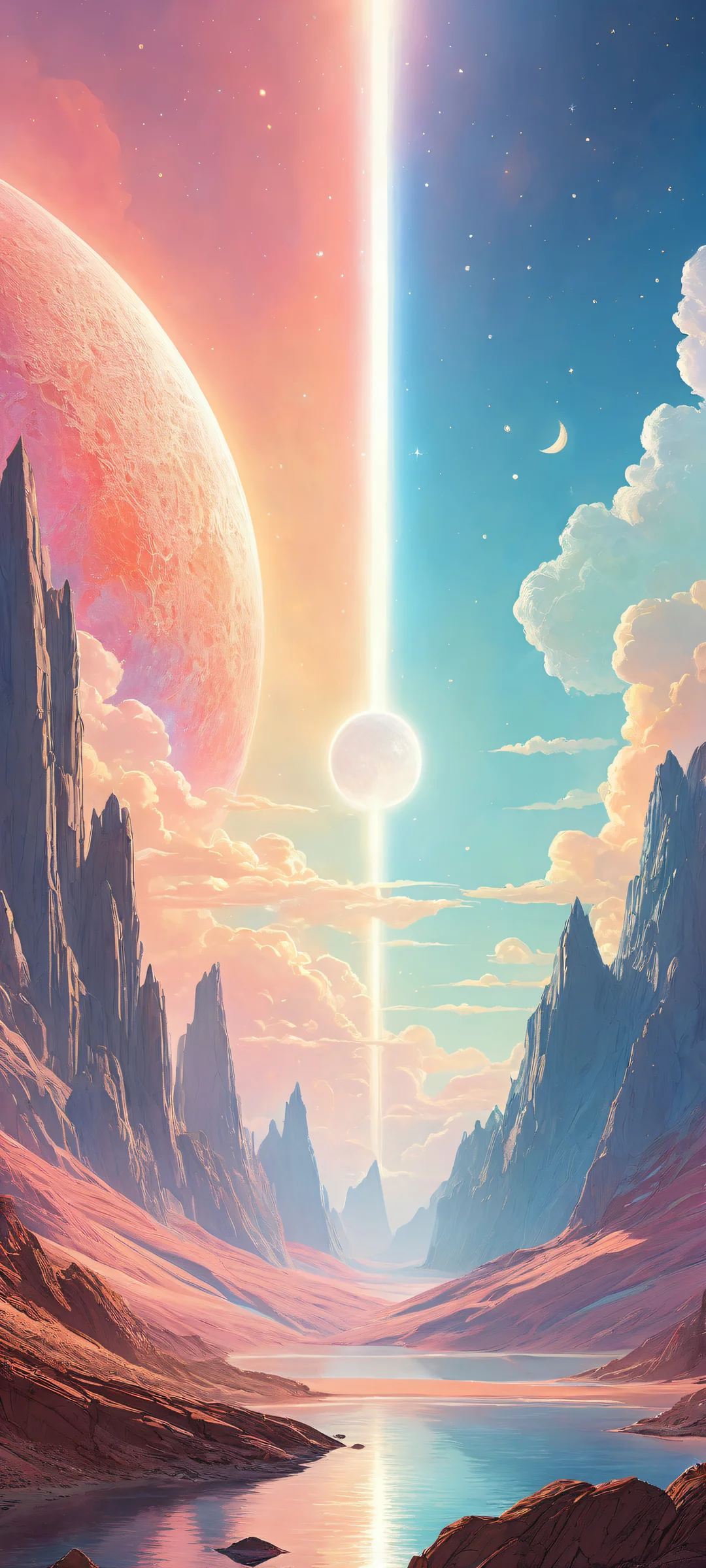 Ethereal iPhone/Android wallpaper featuring intricately designed celestial bodies with micro-details, radiant colors, and a sense of wonder.