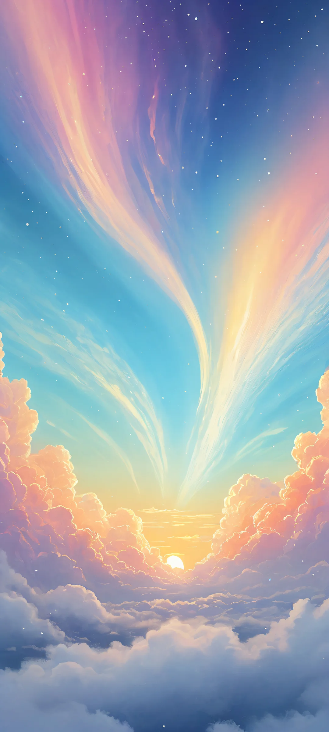 Ethereal iPhone/Android wallpaper featuring a stunning portrait of a celestial body with vibrant aurora-like wisps and delicate cloud formations.