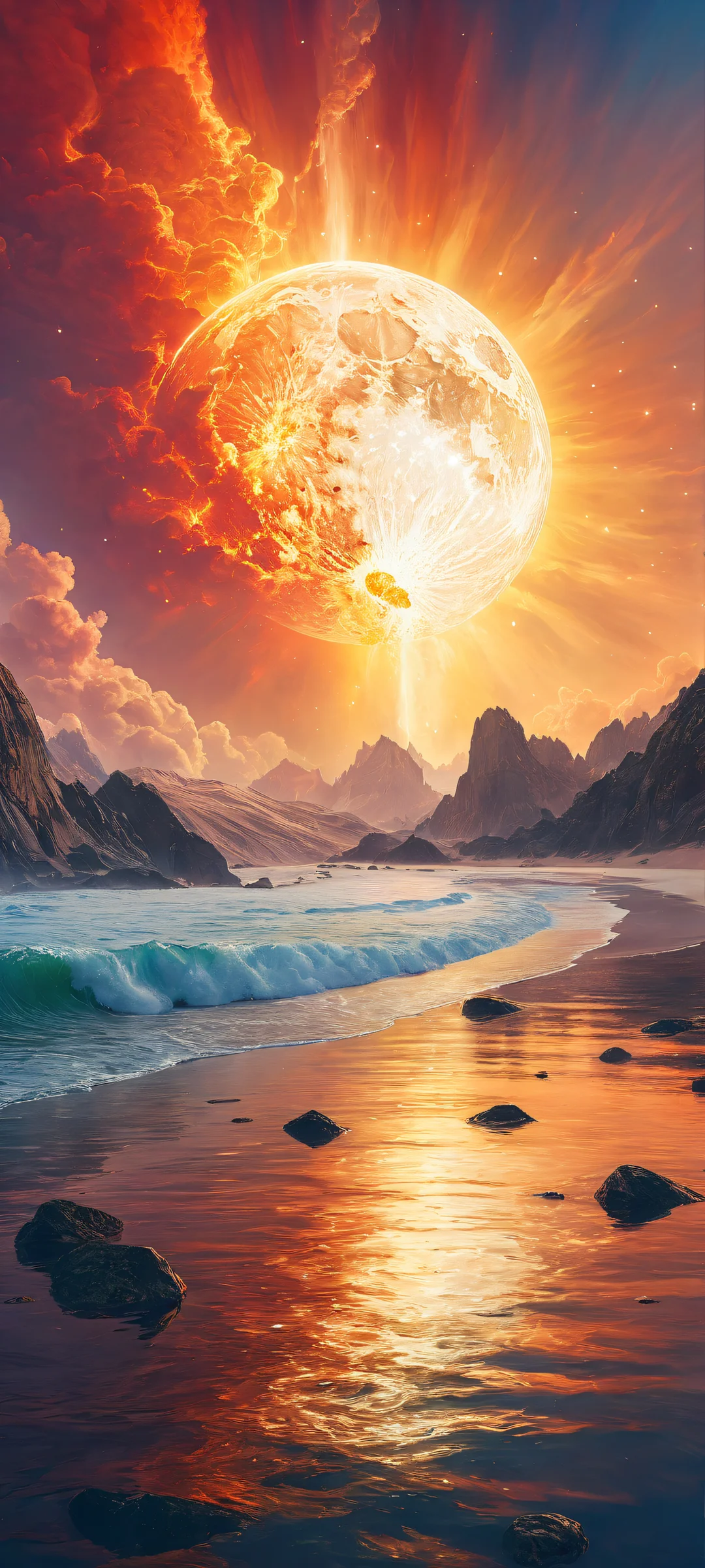 iPhone/Android users, immerse yourself in this breathtaking vertical portrait artwork featuring a celestial body, intricate micro-details and ethereal lighting.