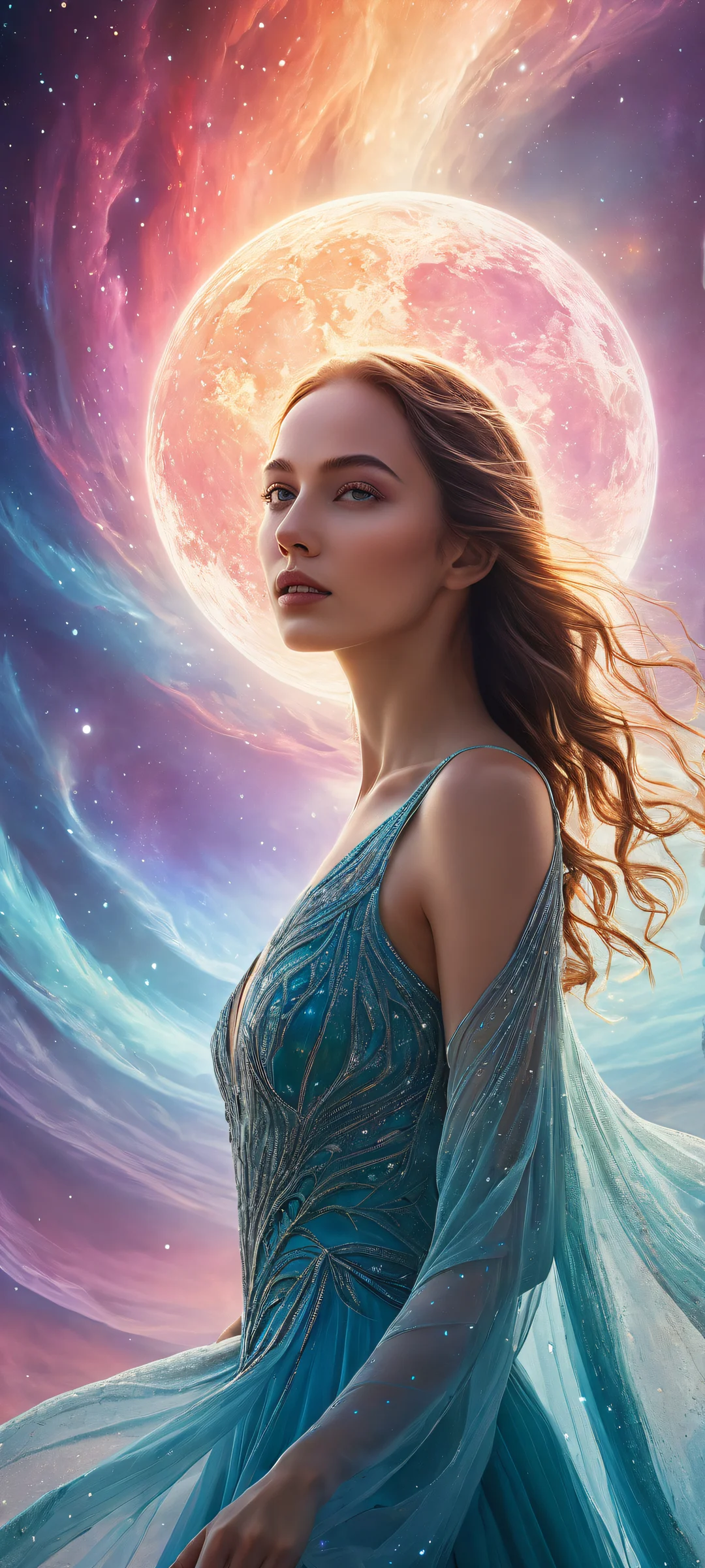 iPhone and Android users can enjoy this breathtaking digital art featuring suspended celestial spheres amidst swirling aurora borealis wisps, perfect for your device's home screen.