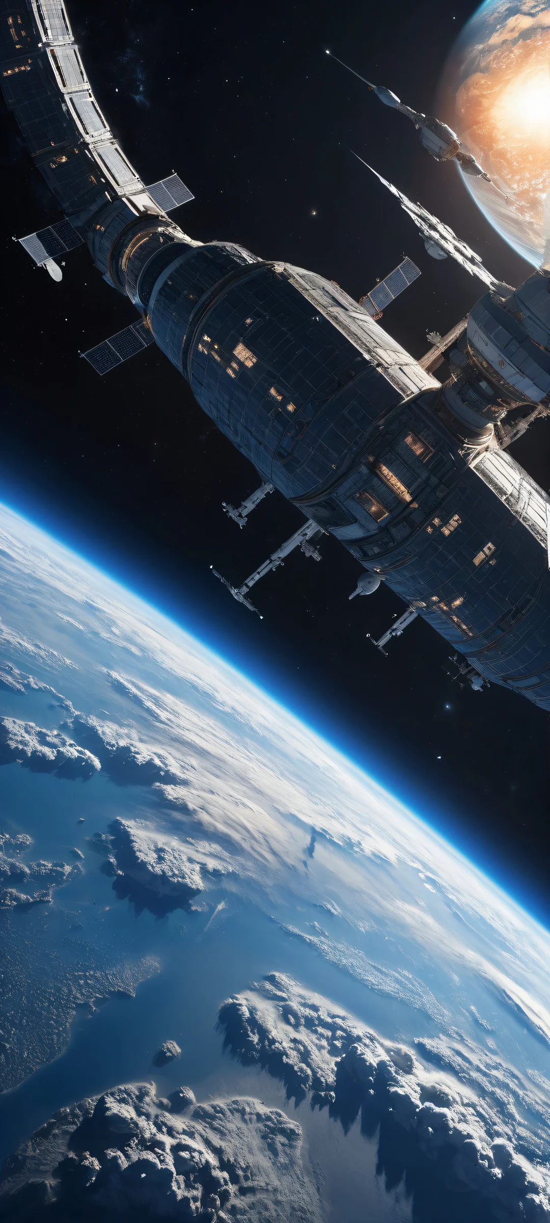 A futuristic space station placed in the lower-middle of a serene and peaceful scene featuring planetary landscapes and celestial bodies. Perfectly optimized for iPhone, Samsung Galaxy, and Android home screens.