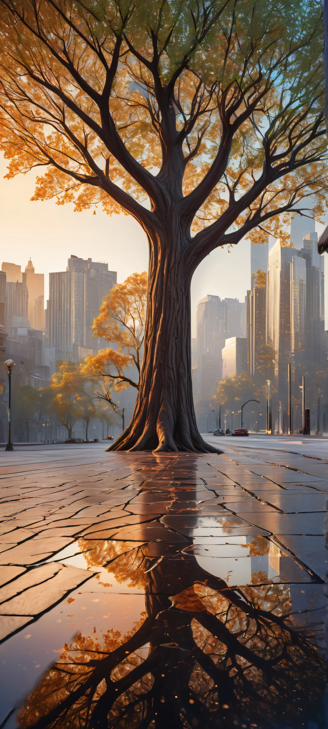 A majestic tree stands tall amidst the night sky, iPhone and Android users alike can appreciate this breathtaking digital art with intricate micro-details of twinkling stars and crescent moon shapes etched into its bark.