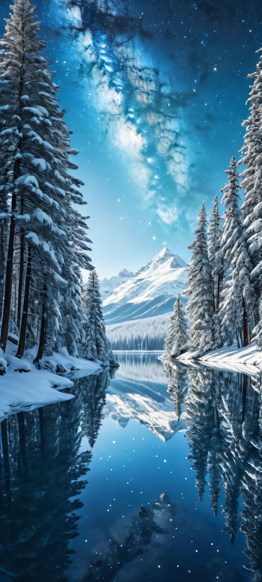 iPhone and Android users can now adorn their home screens with this stunning vertical portrait of stars, set against a vast pure void with majestic mountains and trees in the background. A masterpiece of digital art.